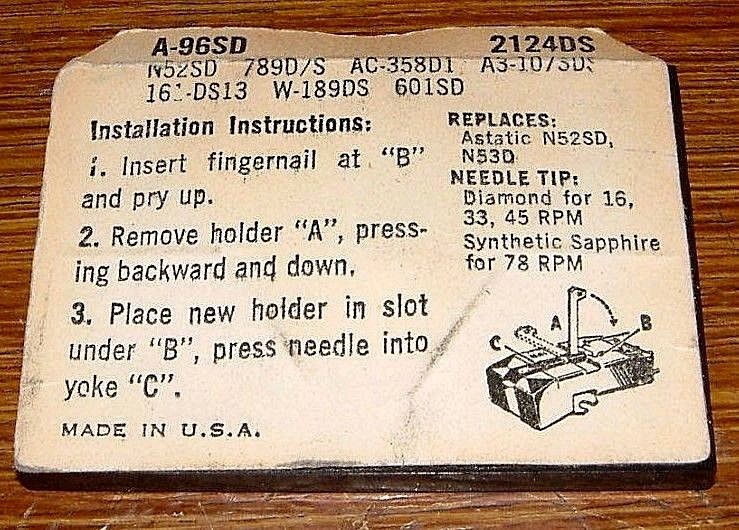 Diamond Record NEEDLE 161-DS77 for ASTATIC N52-sd N53 in 445 447, EV2124DS A96SD