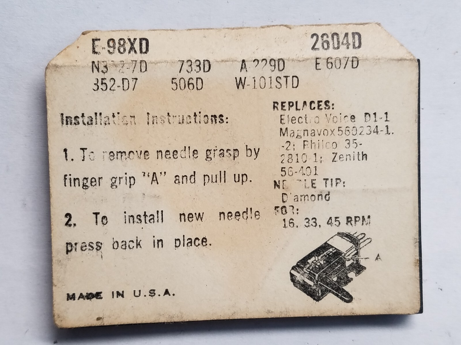 NEW PHONOGRAPH NEEDLE WARDS AIRLINE E-98XD 1701D FOR ELECTROVOICE D1-1 MAGNAVOX