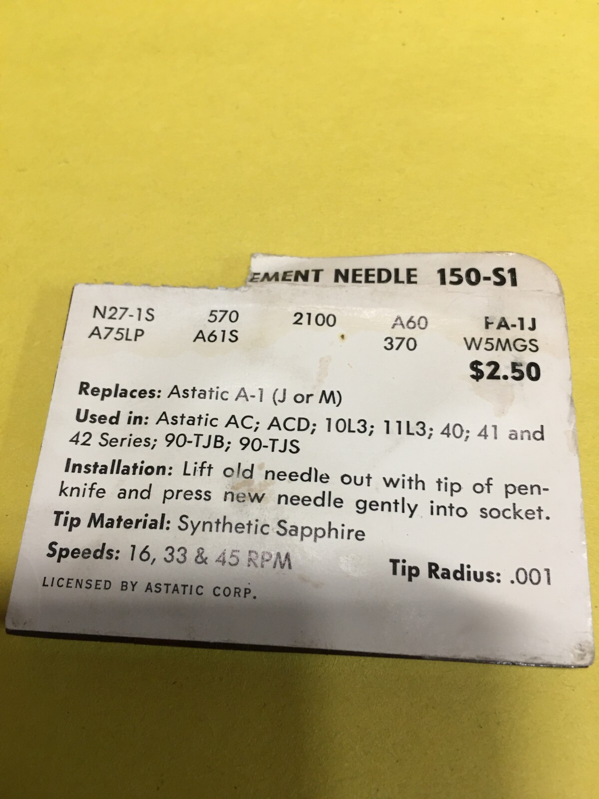 Original NOS Superb Needle Stylus 150-S1 Fits Many Many Astatic