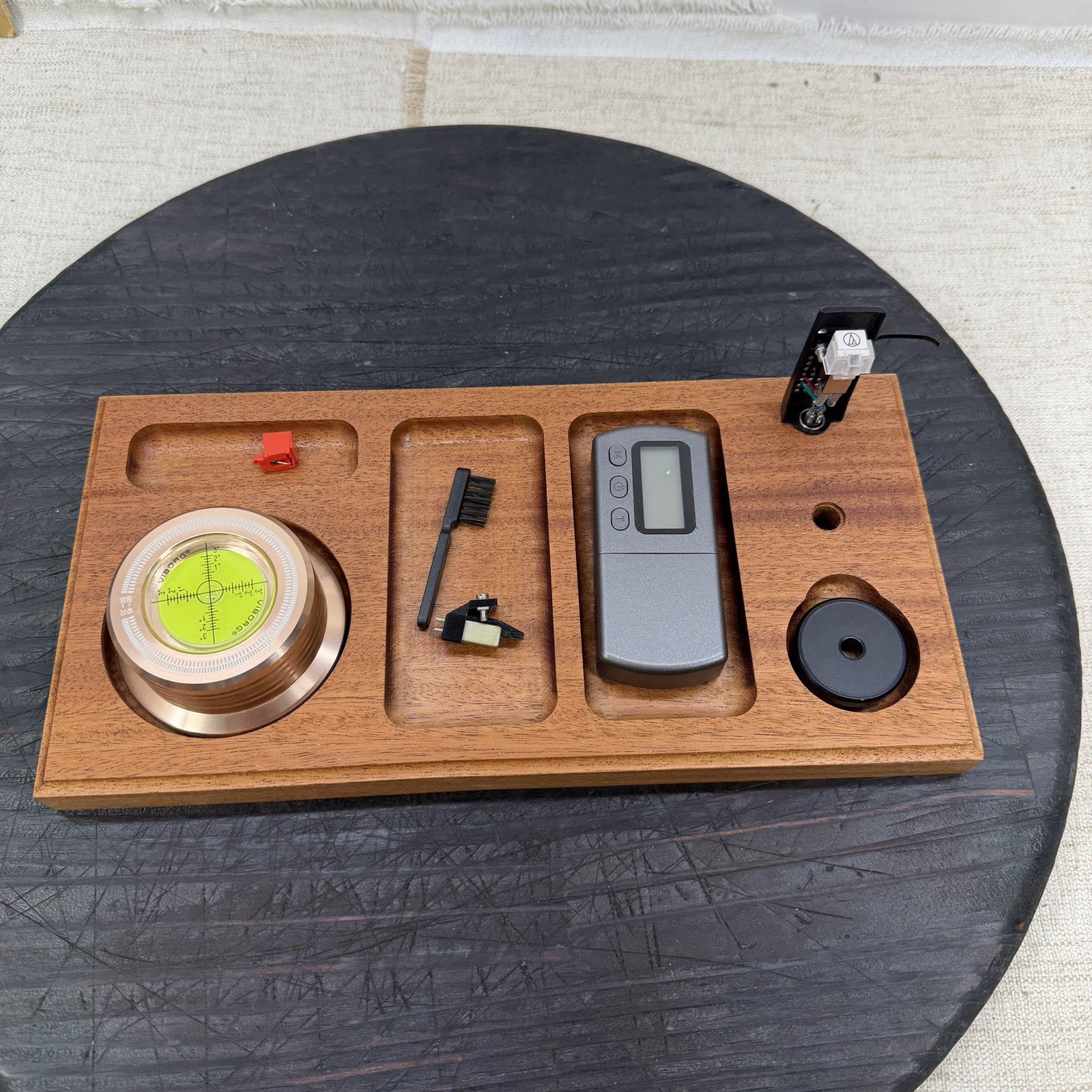 Turntable Accessory Tray W Headshell Stand Unique Mahogany Organizer Read