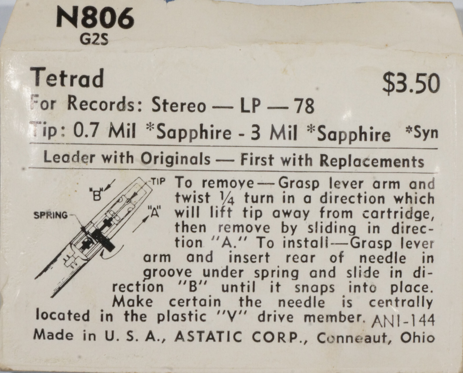 NOS Astatic Diamond Needle N806 for Tetrad G2D 637sd 987ds 3363ds