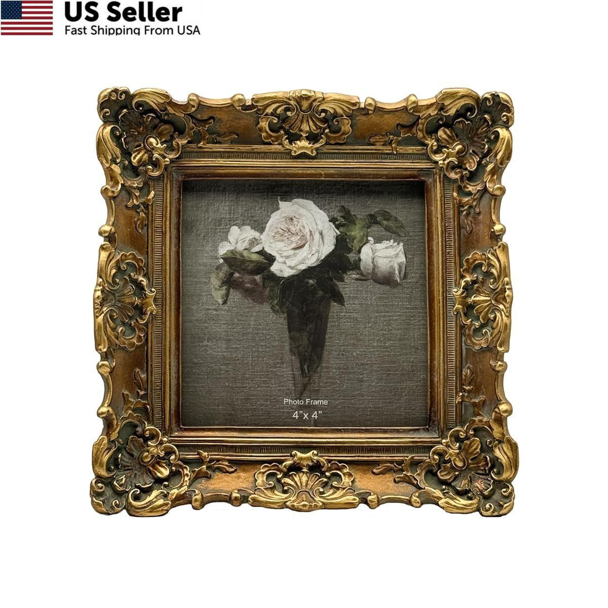 CISOO 4×4 Vintage Small Picture Frame, Antique Ornate Bronze Gold 4×4,