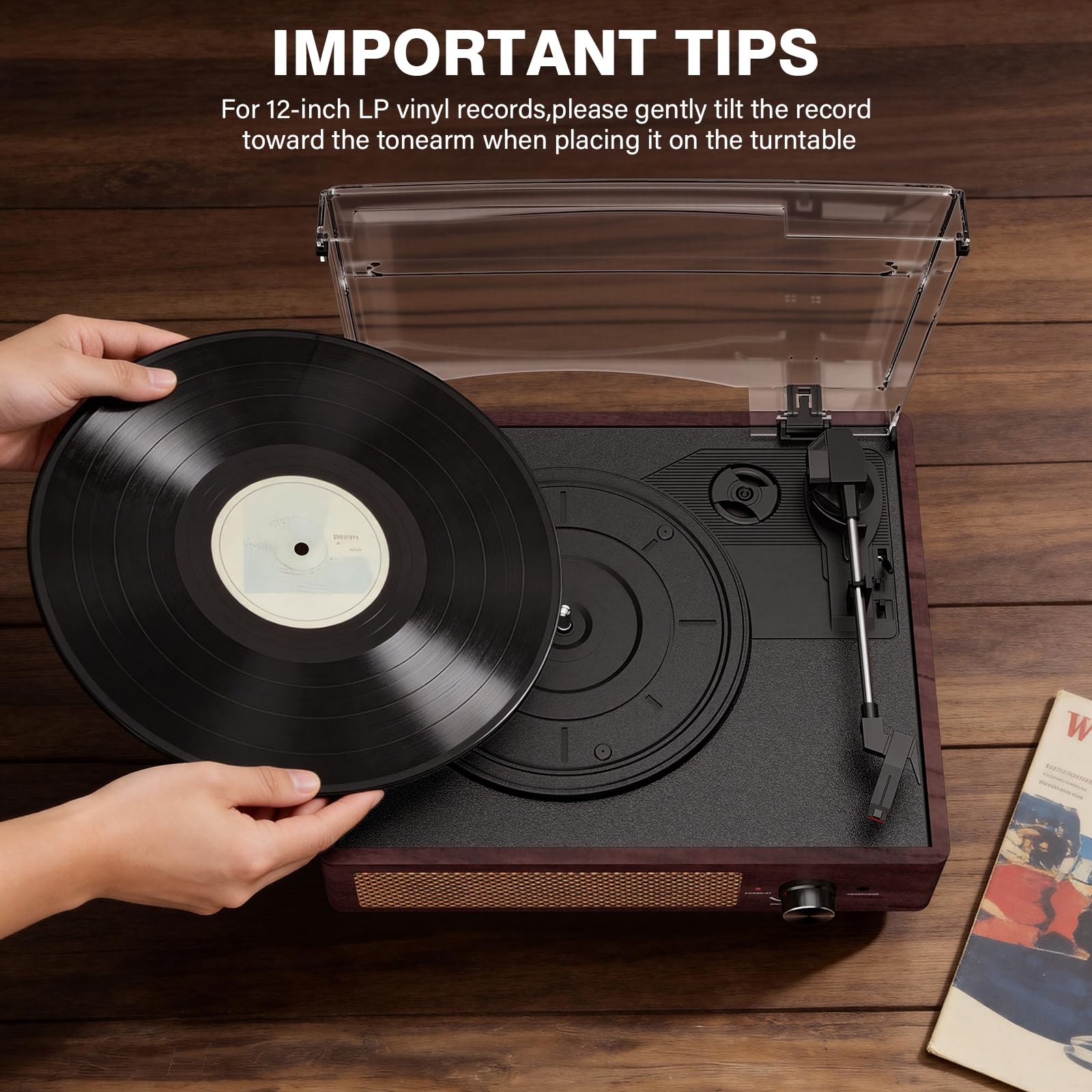 Vinyl Record Player Turntable with Built-in Bluetooth Receiver & 2 Brown