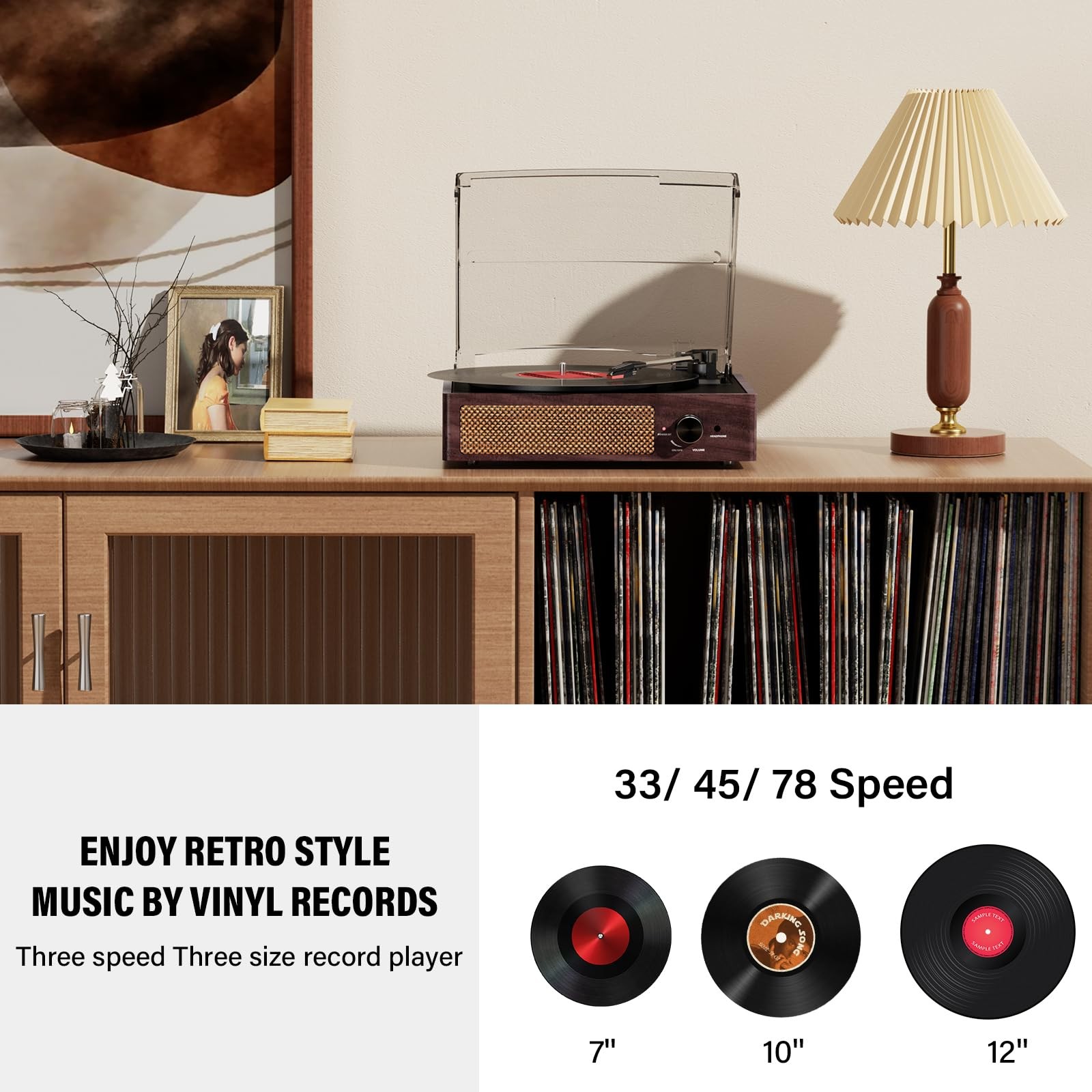 Vinyl Record Player Turntable with Built-in Bluetooth Receiver & 2 Brown