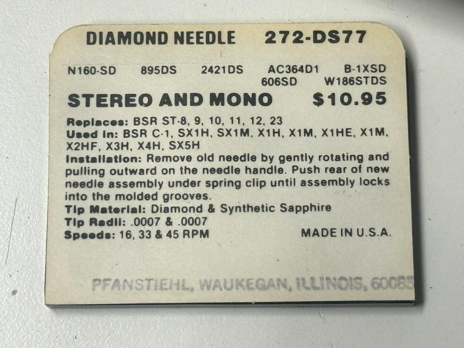 PFANSTIEHL 272-DS77 DIAMOND NEEDLE NIB FOR VTG BSR CARTRIDGE MODELS STYLUS ONLY