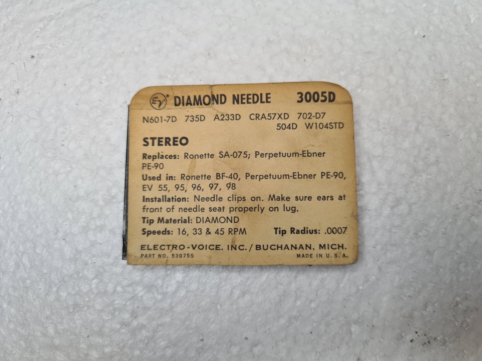 Electro Voice Diamond Stereo NEEDLE 3005D Ronette BF-40 PE-90 EV 55 95 96 97 98