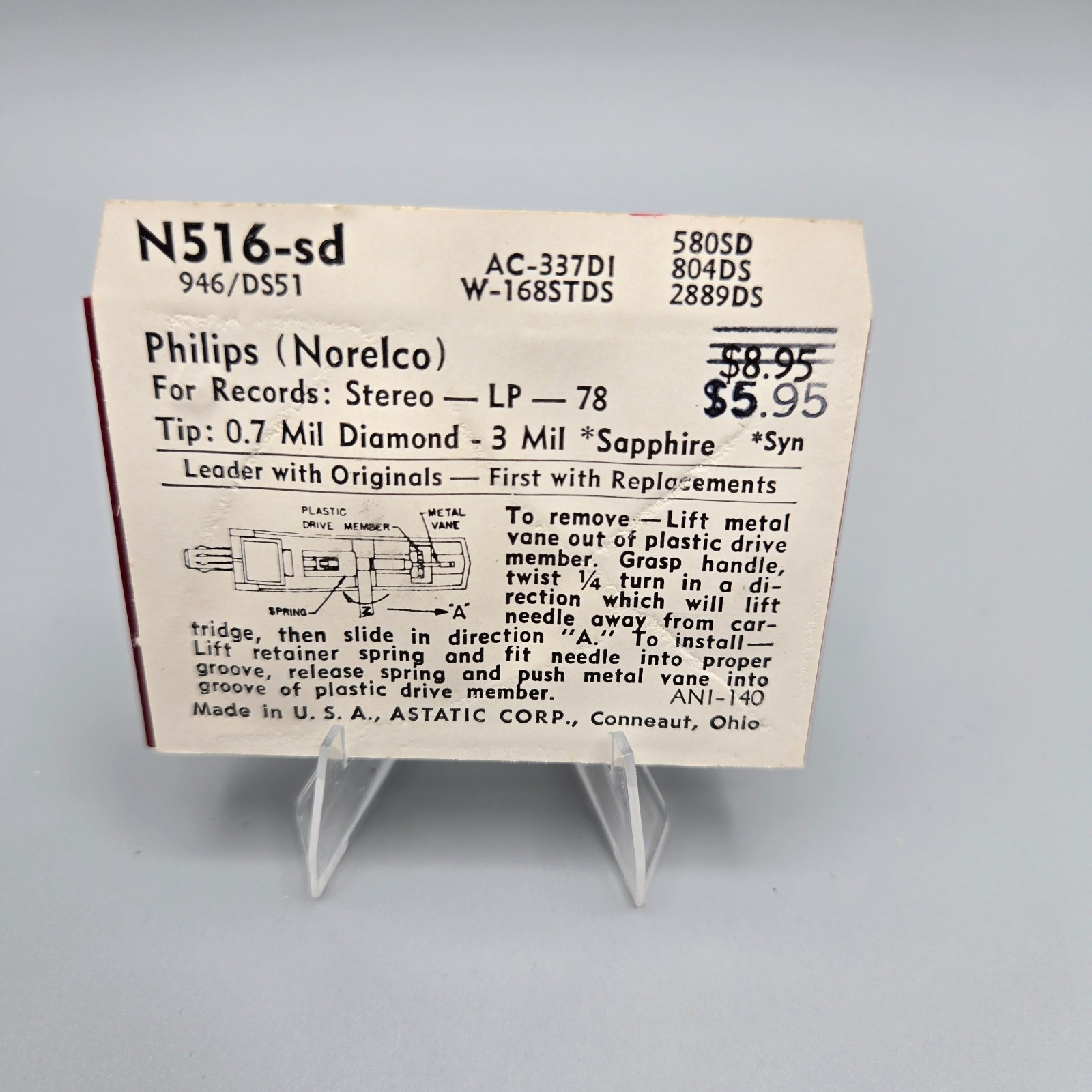 Astatic N516-SD Diamond Needle NOS Fits Philips Norelco AC-337D1 580SD 804DS