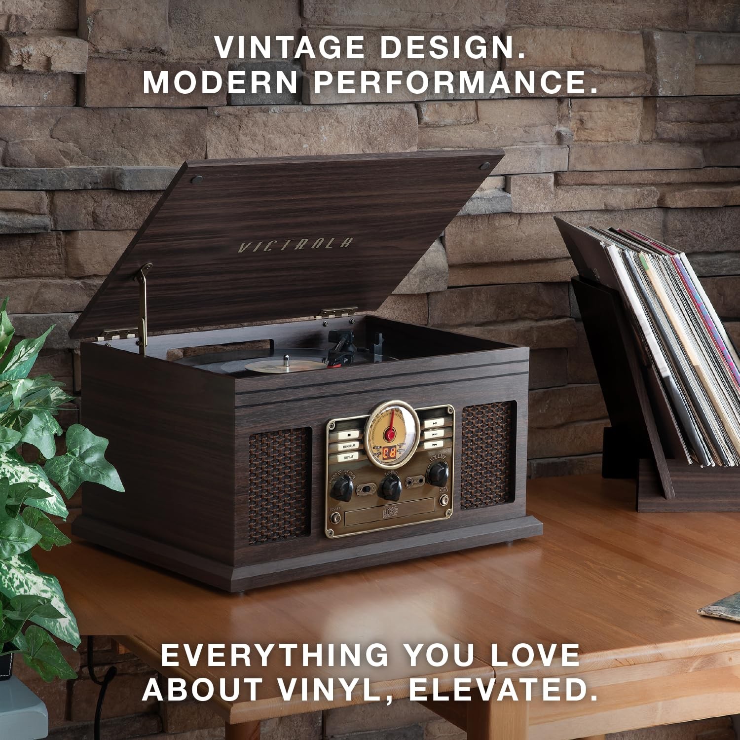 Victrola The Quincy 6-in-1 Bluetooth Record Player & Multimedia 1, Mahogany