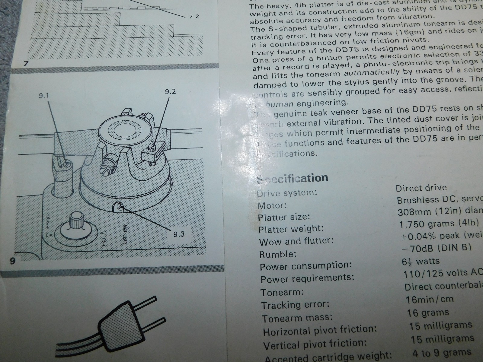 Garrard DD75 Turntable Manual Brochure (Parting out Whole Unit)