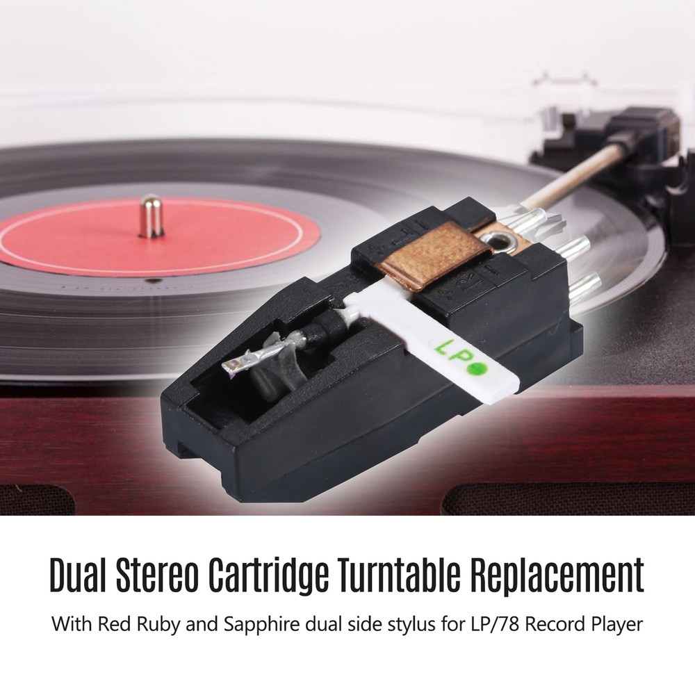 Dual stereo turntable recorder with red double-sided needle pickup