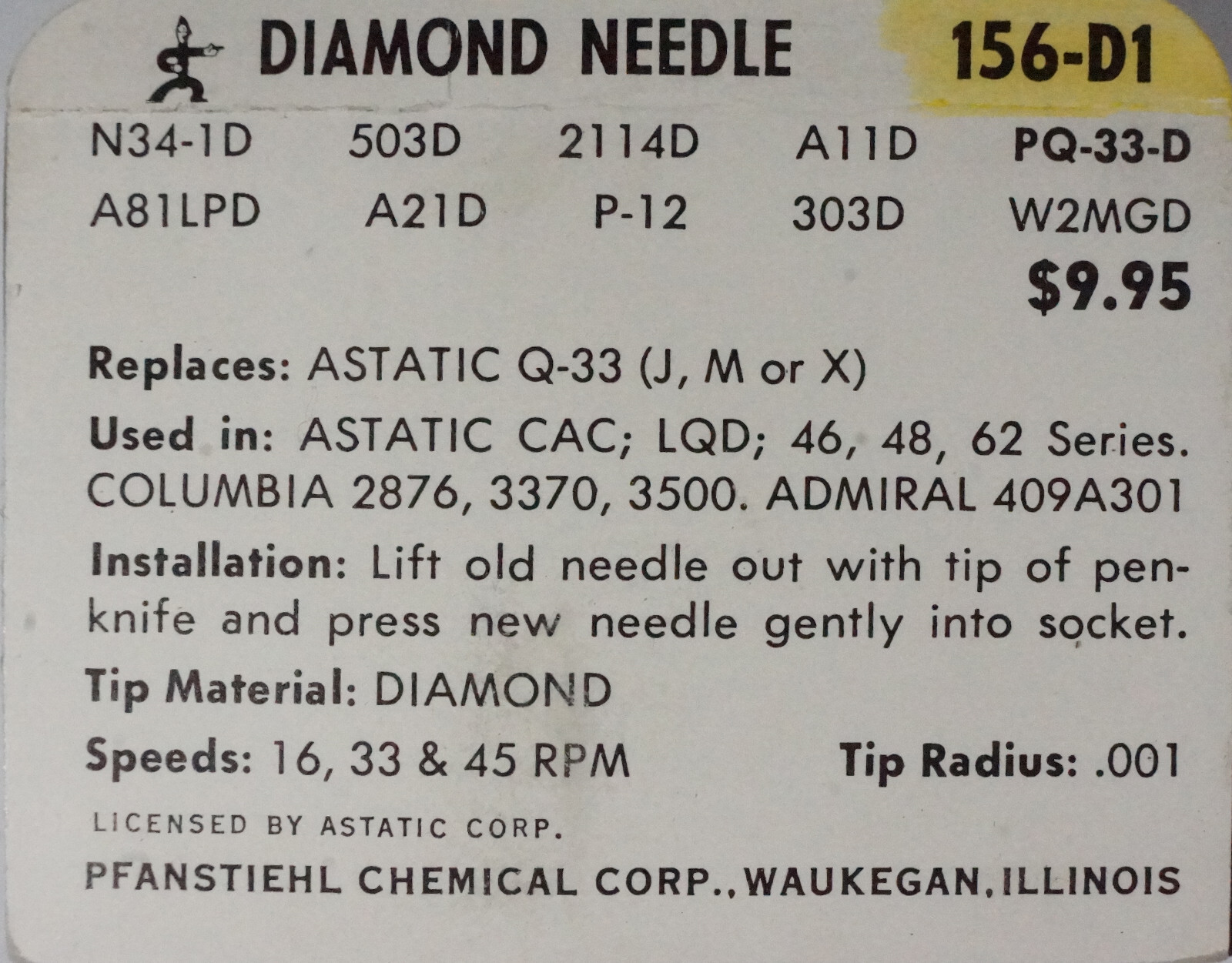 NOS PFANSTIEHL 156-D1 Diamond Needle Stylus Astatic Q-33 CAC LQD 46 48 62