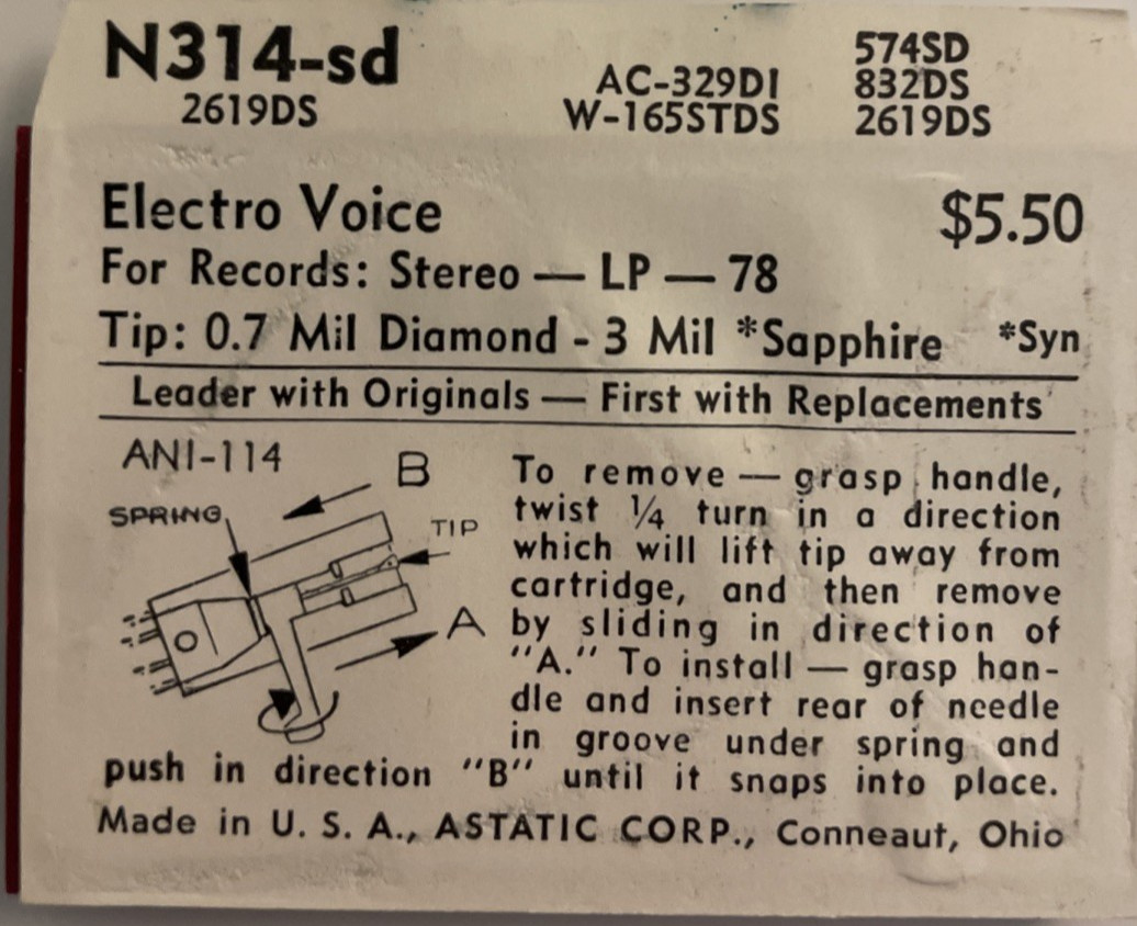 Astatic N314-sd Diamond Vintage Needle Record Player Turntable Stylus NEW