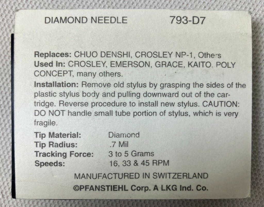 NOS Diamond Needle Pfanstiehl 793-D7 Stylus for Crosley Cruiser NP-1