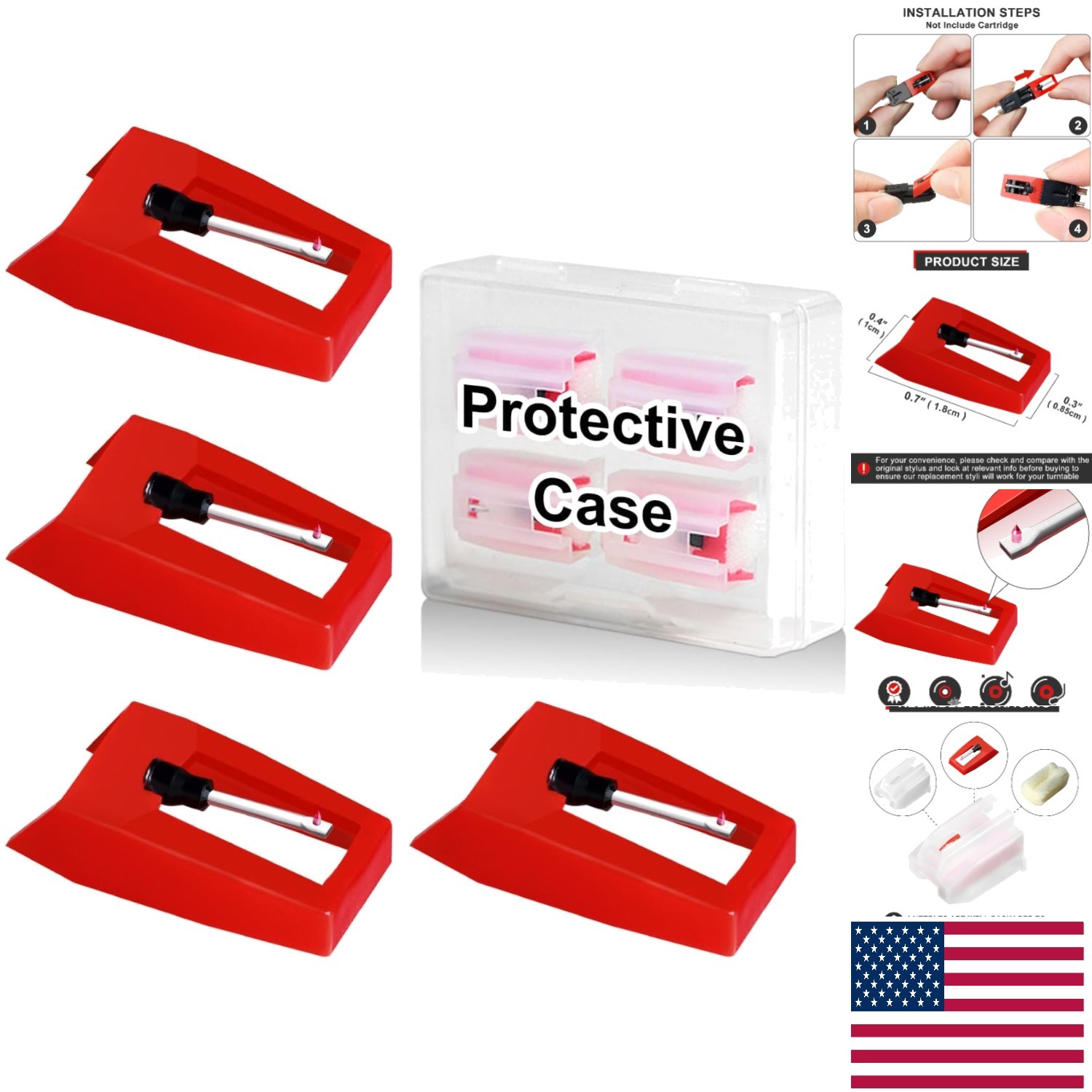 Easy-Install 4 PCS Ruby Stylus Needles Set for Most Turntables – Great Sound!