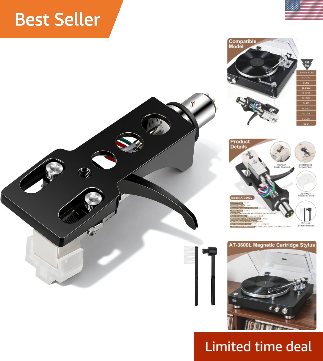 Durable AT-3600L Cartridge with Black Headshell & Cleaning Brushes for SL Models