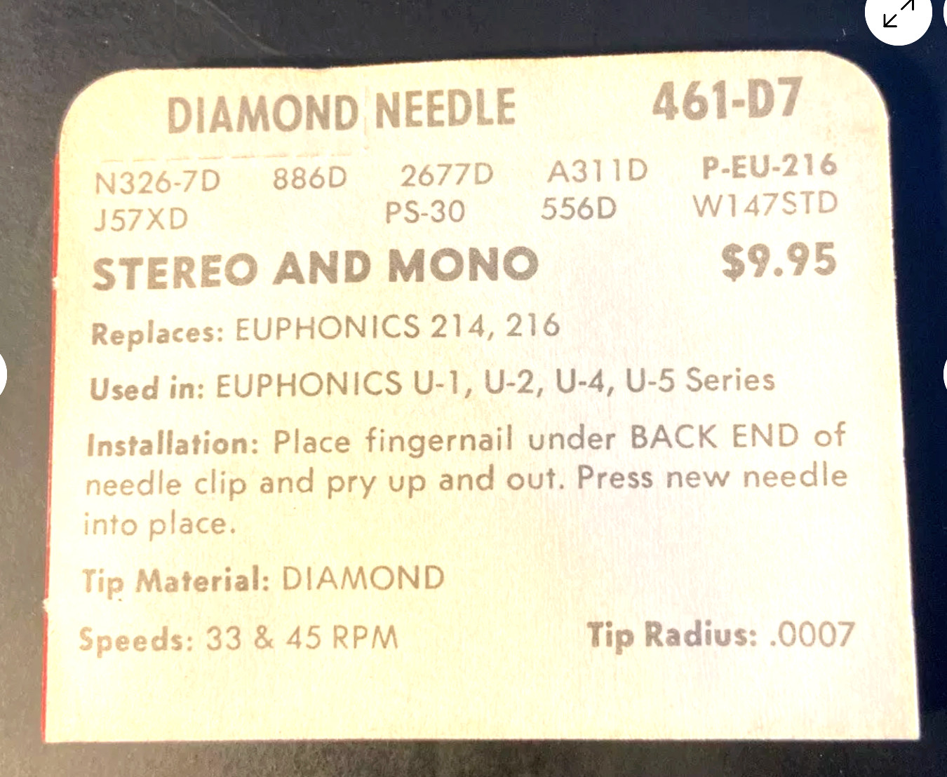461-D7 PHONOGRAPH NEEDLE STYLUS for Euphonics U-1 U-2 U-4 Series 214 216