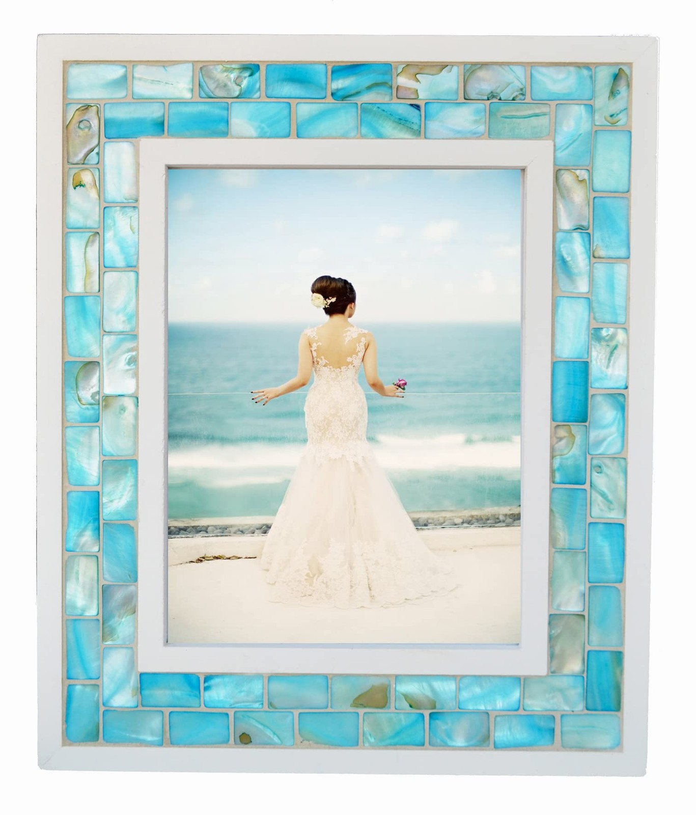 GIFTME 5 Picture Frame 5×7 Mother of Pearl Mosaic Photo Inch, Blue