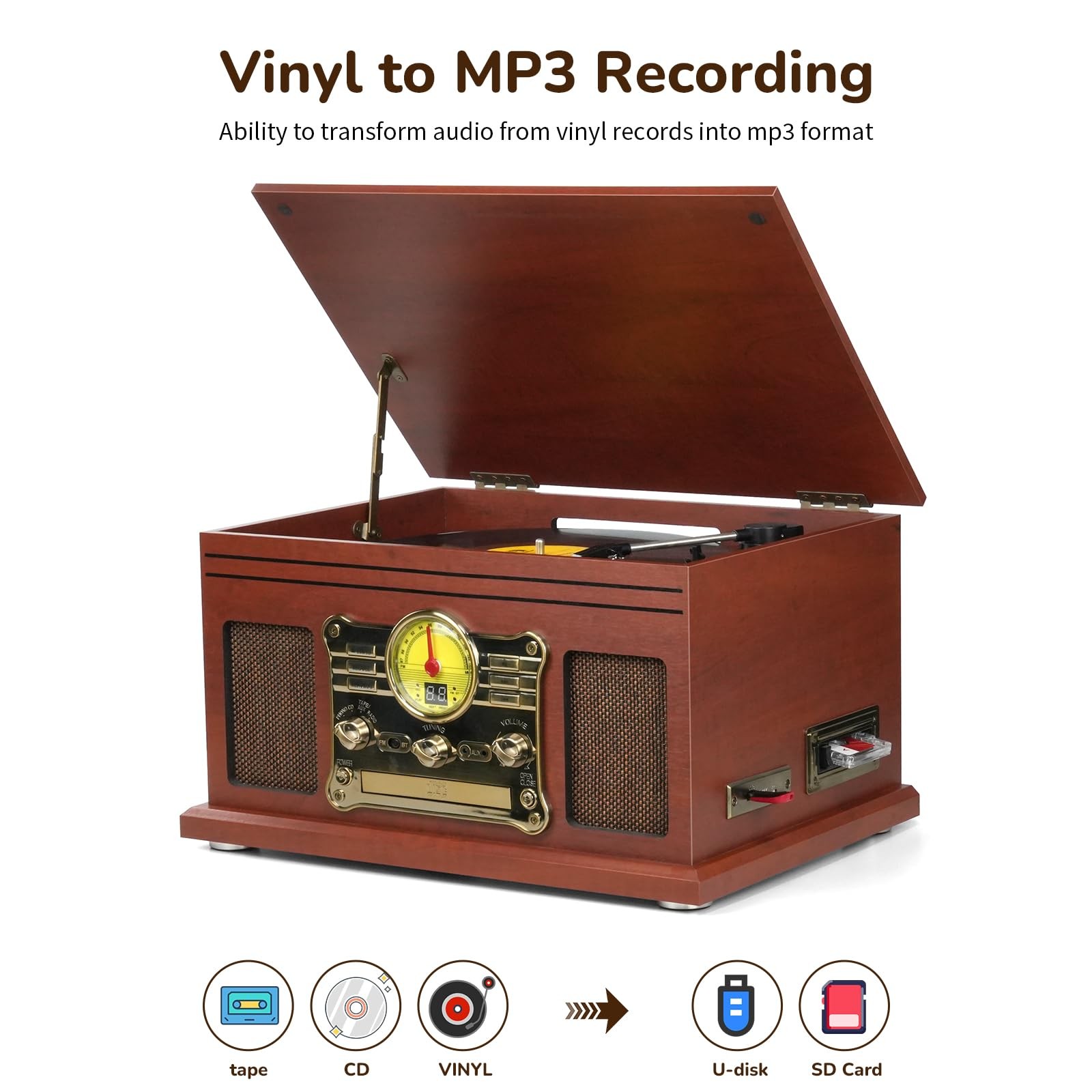 FEKTIK Bluetooth Record Player 10 in 1, 3-Speed Turntable for Vinyl Mahogany