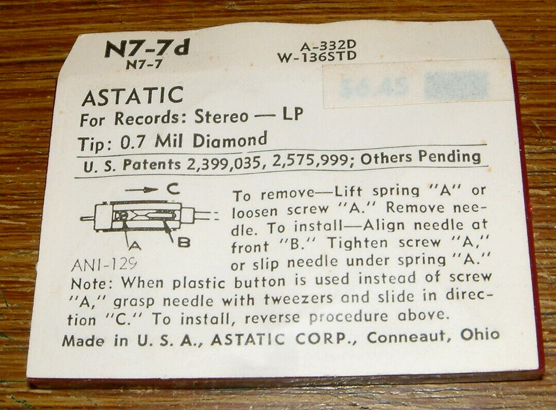 Stereo Diamond NEEDLE TAE 8433D for Vaco TO55, Astatic N8-7d N7 Seeburg JUKEBOX