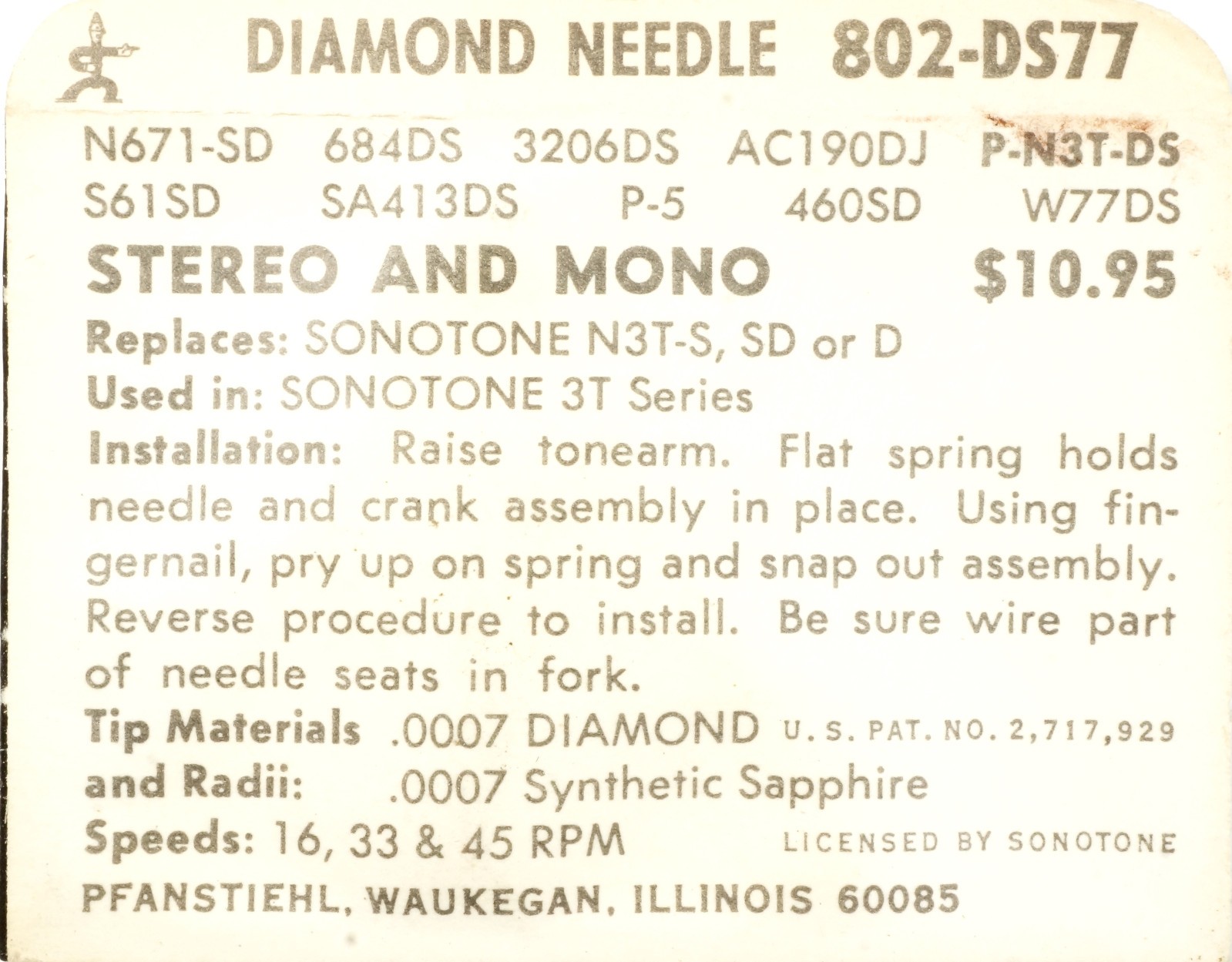 NOS Pfanstehl 802-DS77 Needle SONOTONE N3T-S SD D 3T