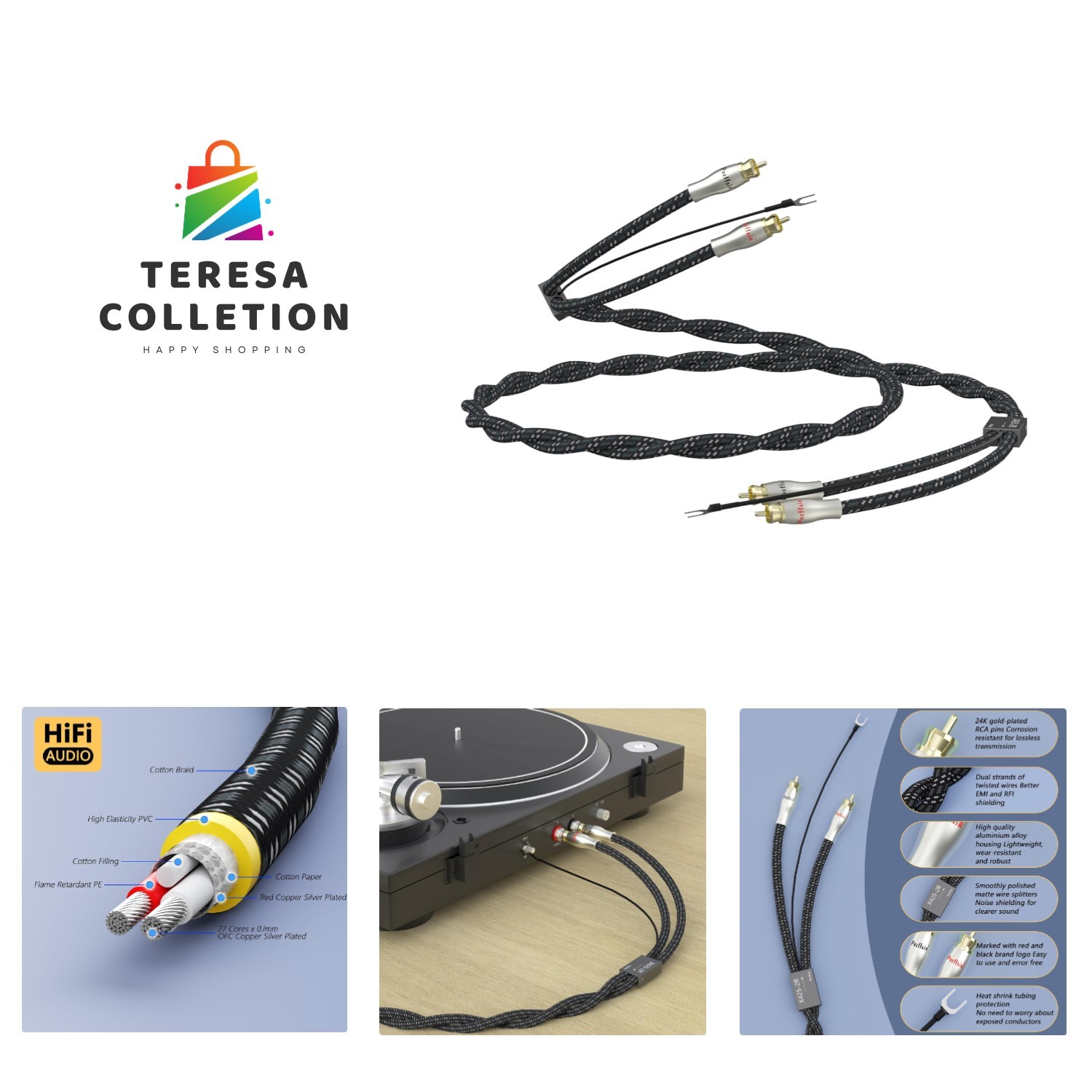 3.3FT High-Performance Turntable RCA Cable with Gold Connections and Splitters