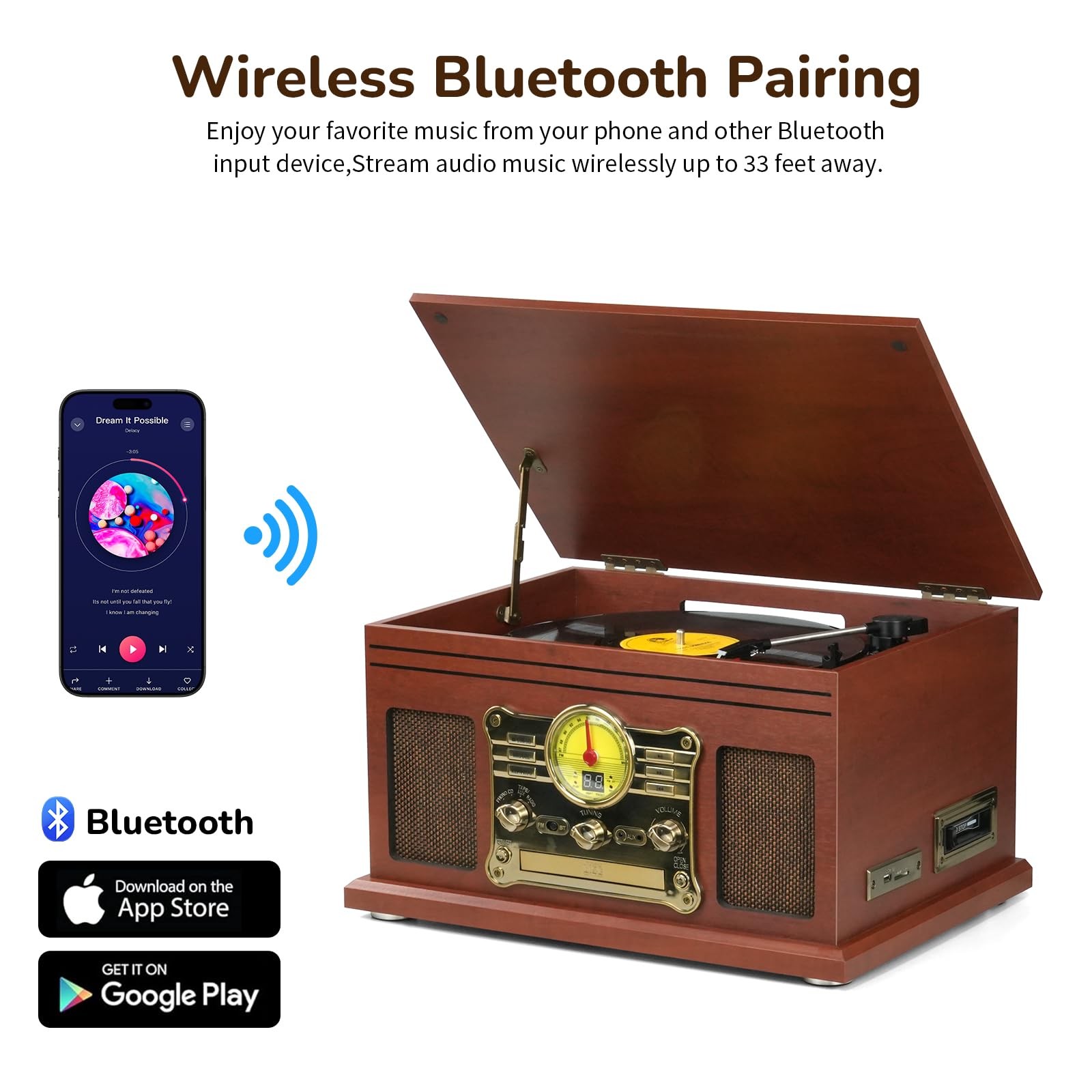 FEKTIK Bluetooth Record Player 10 in 1, 3-Speed Turntable for Vinyl Mahogany