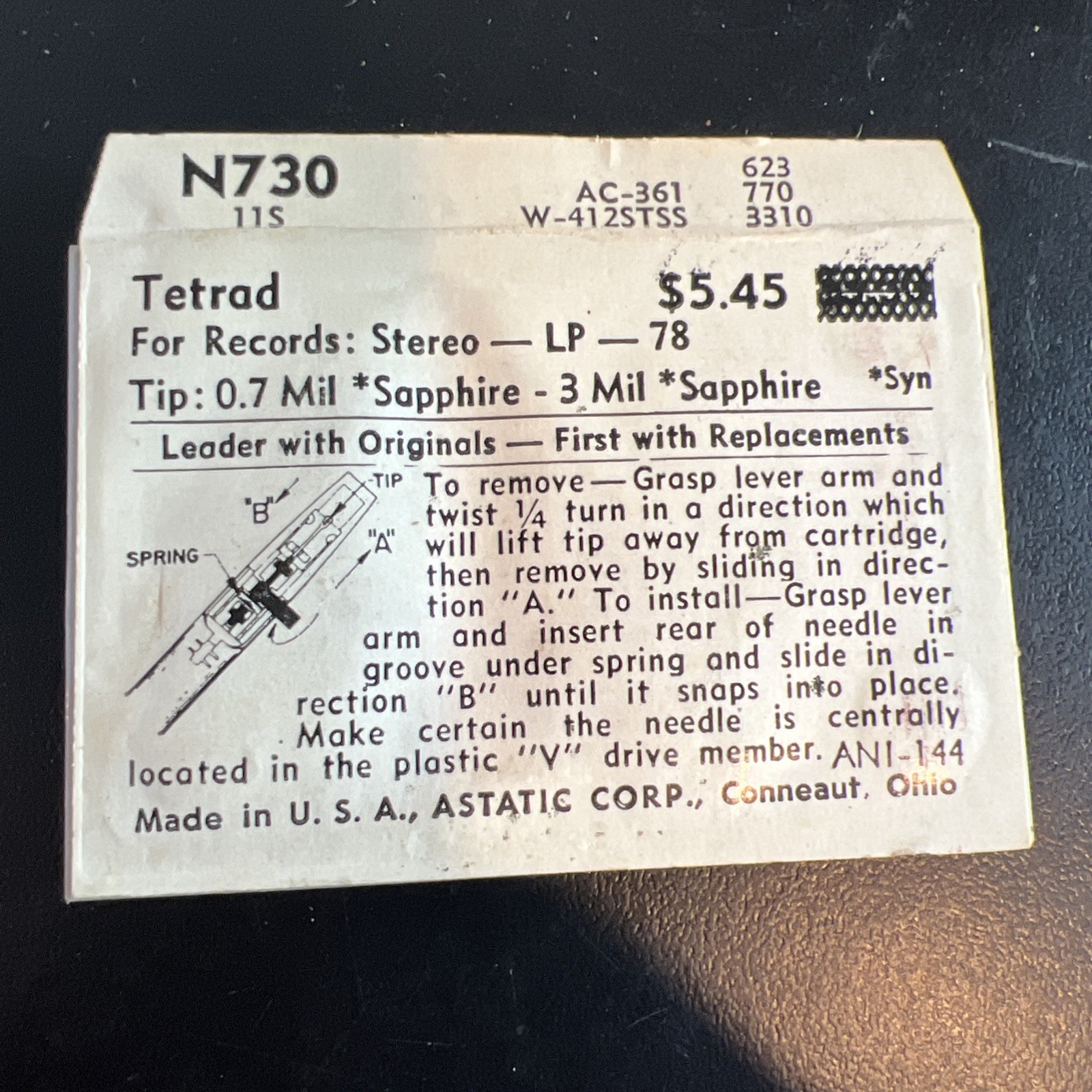 NOS Astatic N730 Needle for Tetrad 11D 623SD 8770DS 3210DS AC-361D1