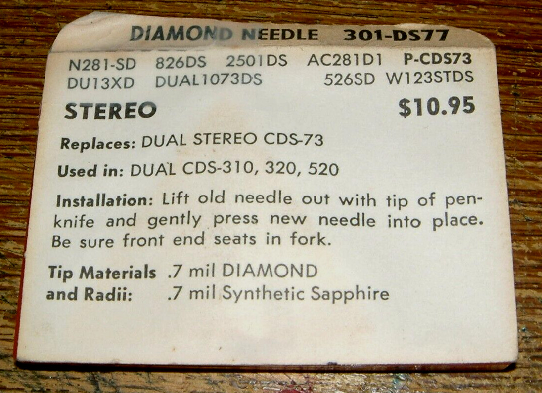 Phonograph NEEDLE 301-DS77 for Dual CDS-73 CDS-310 -320, AC281 N281sd W123STDS