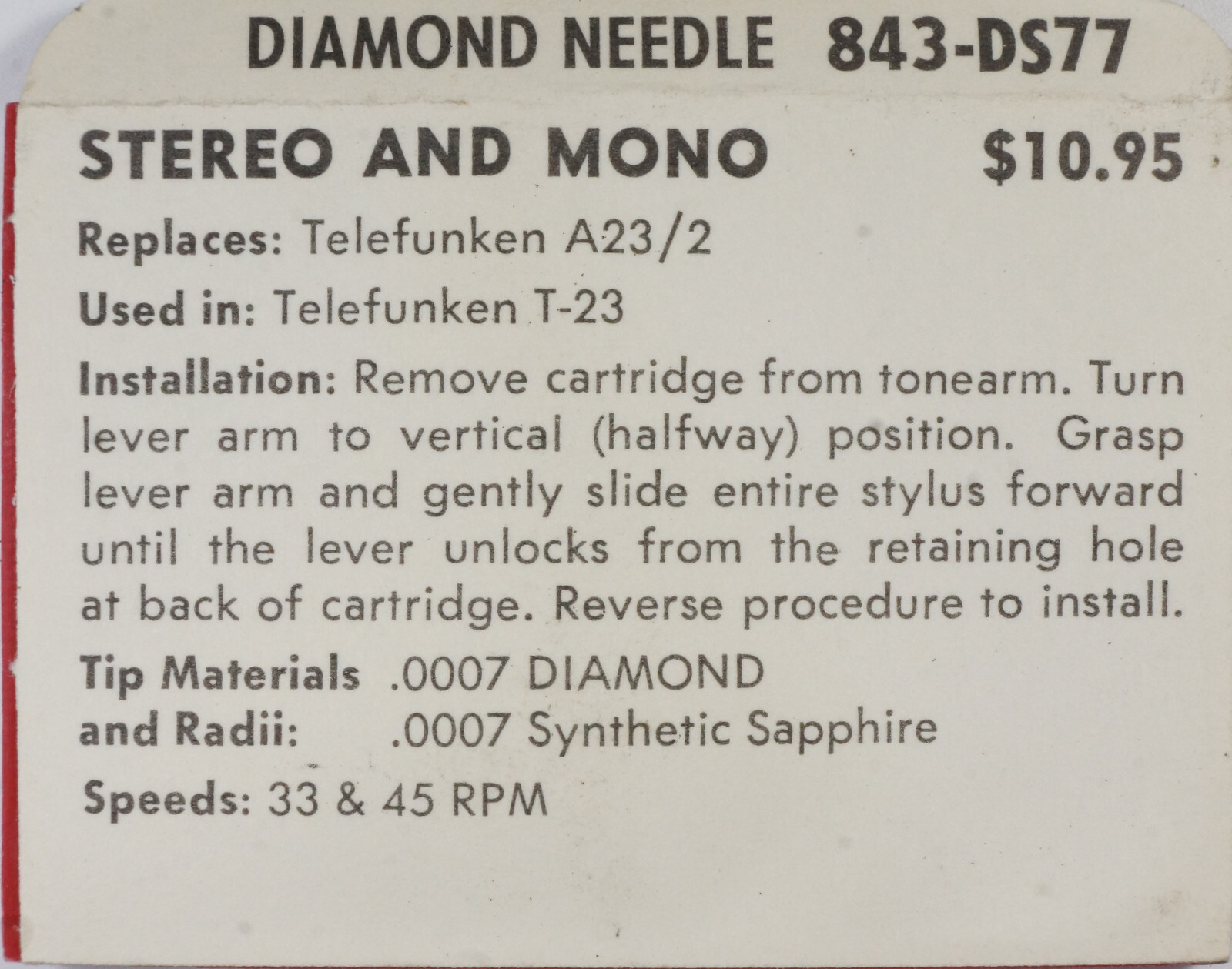 NOS SUPERB 843-DS77 Diamond Needle for Telefunken A23/2 T-23
