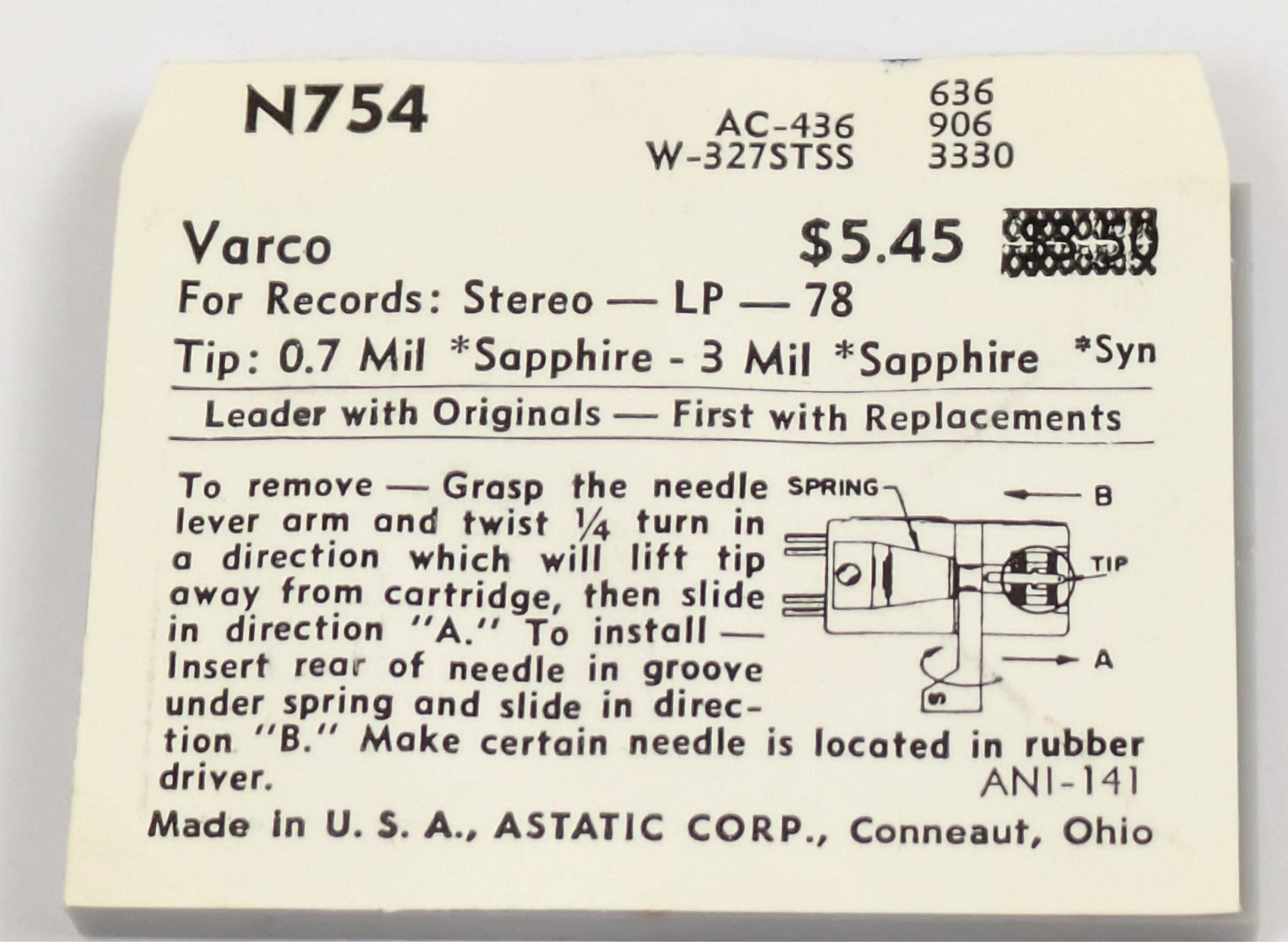 Astatic N754 Needle Record Player Stylus Varco 78 LP AC-436 W-327ST 636 906 3330