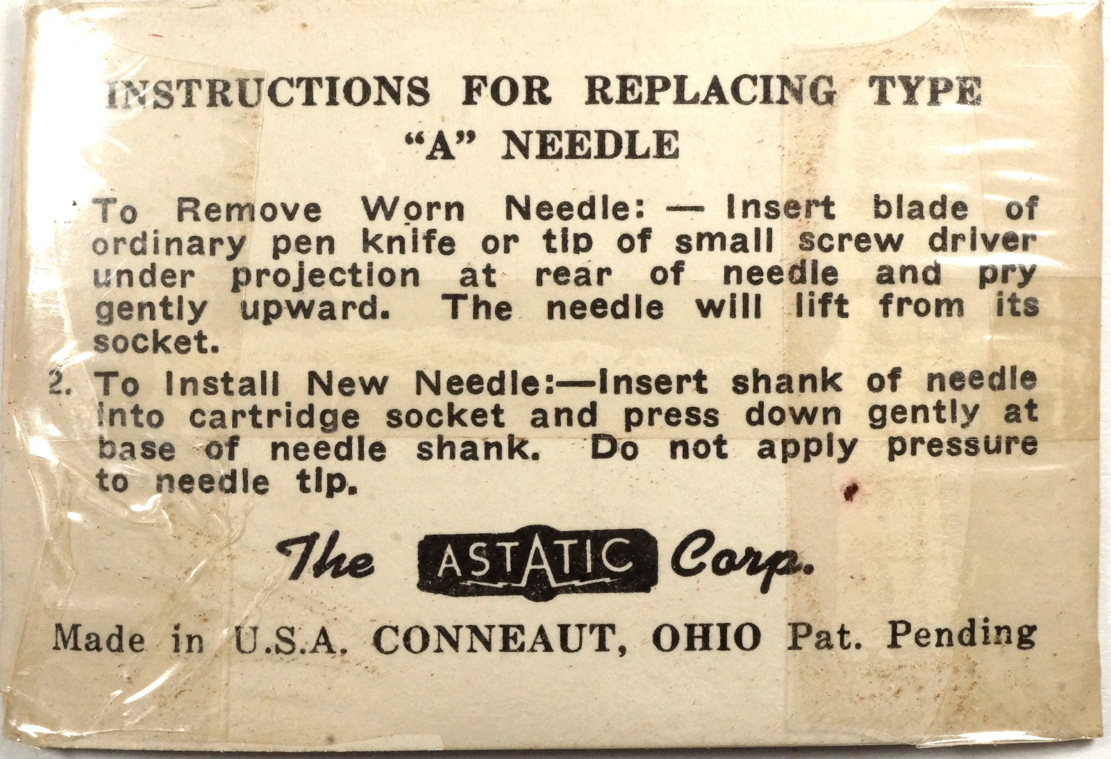 NOS Astatic Type A-1-M Needle for AC ACD Series Pickup Cartridges 45 & 33⅓ rpm