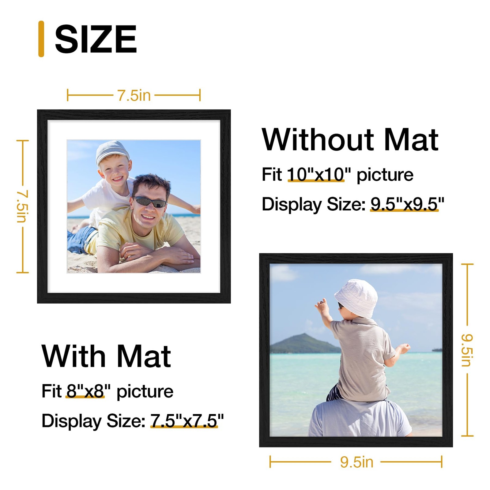 decorUhome 10×10 Picture Frame, Display Pictures 8×8 with Mat or 10×10, Black