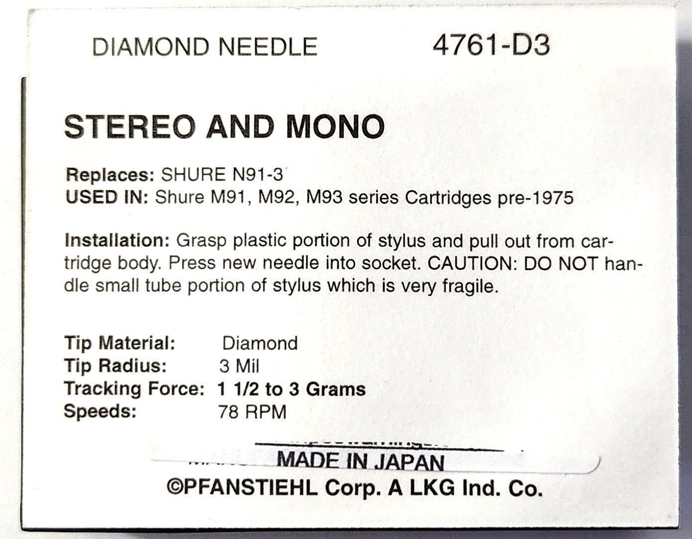 78 RPM Phonograph Needle For Shure M91 M92 & M93 Series Cartridges Pre-1975