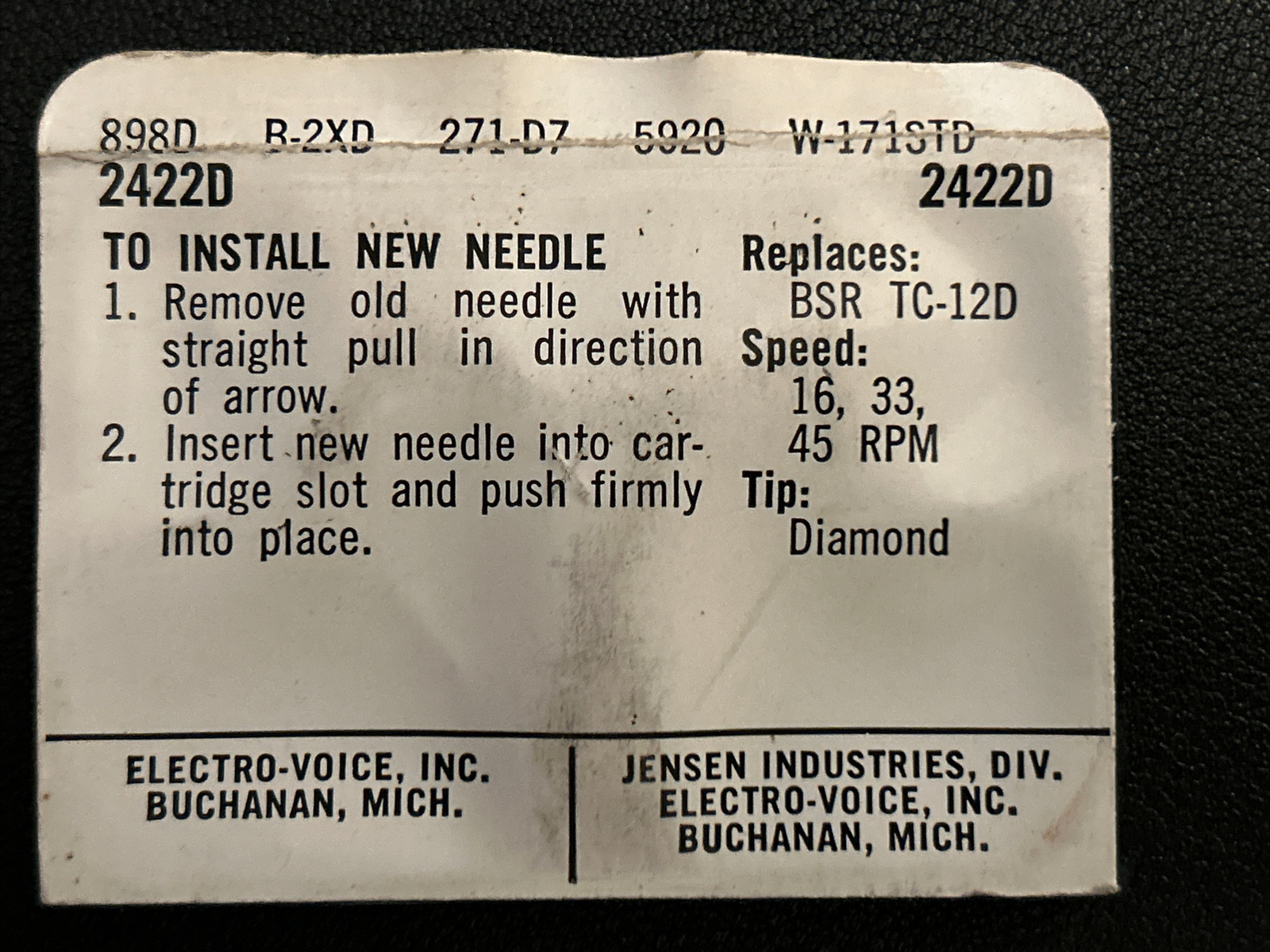 NOS Turntable Stylus Needle Electro Voice 2422D BSR TC-12D