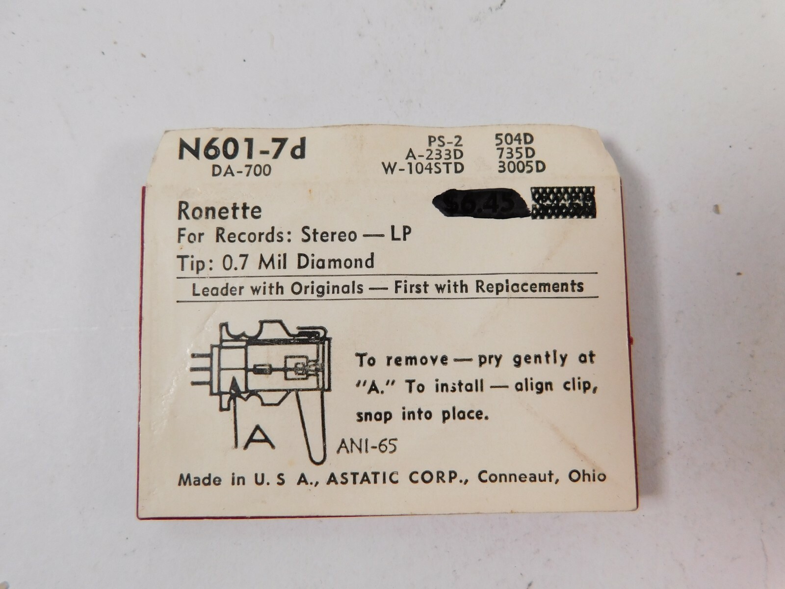 Vtg NOS Astatic Phonograph Record Needle N601-7d for Ronette