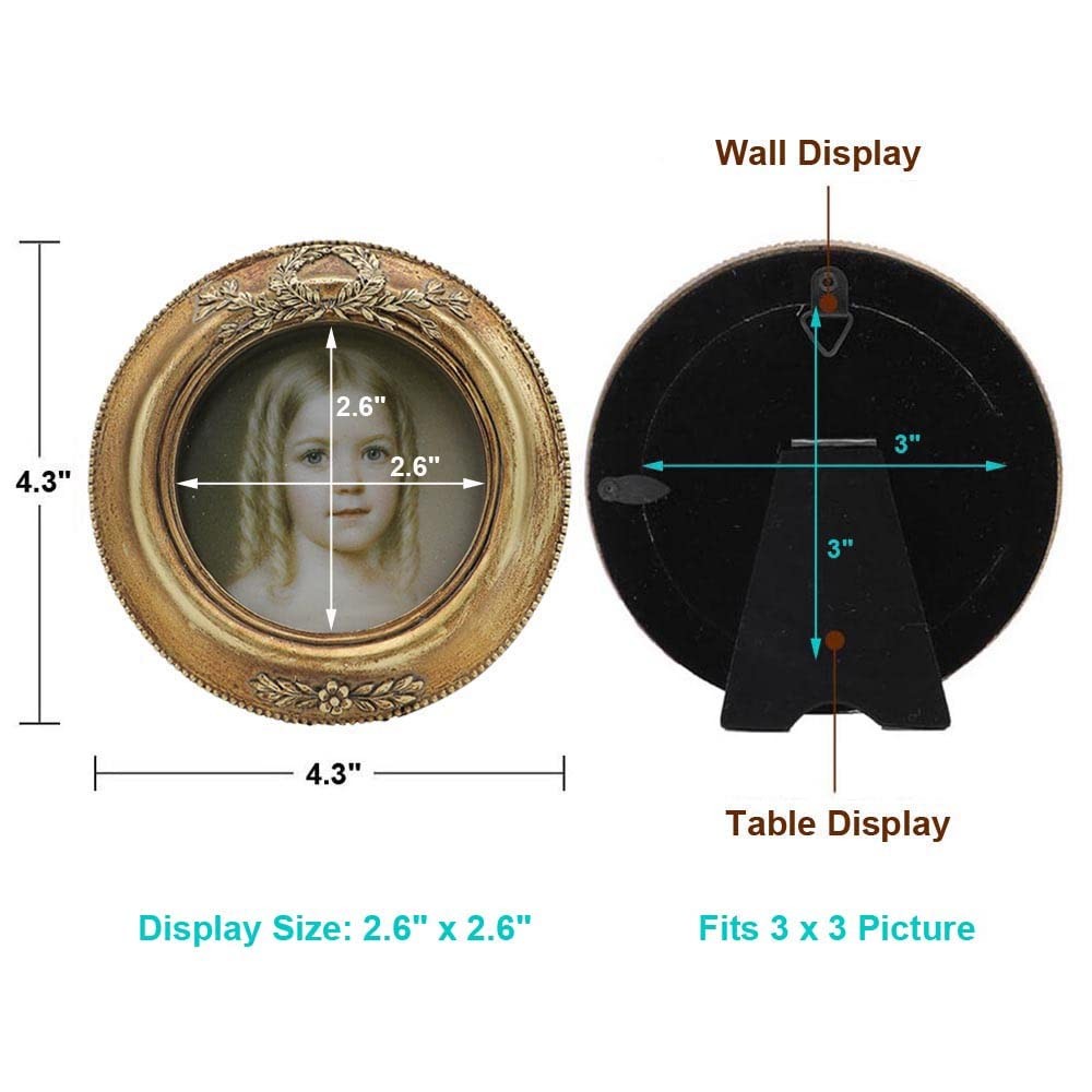 SYLVIA’S SHOP Small Vintage 3×3 Round Picture Frame, 3 x 3 Round, Bronze Gold