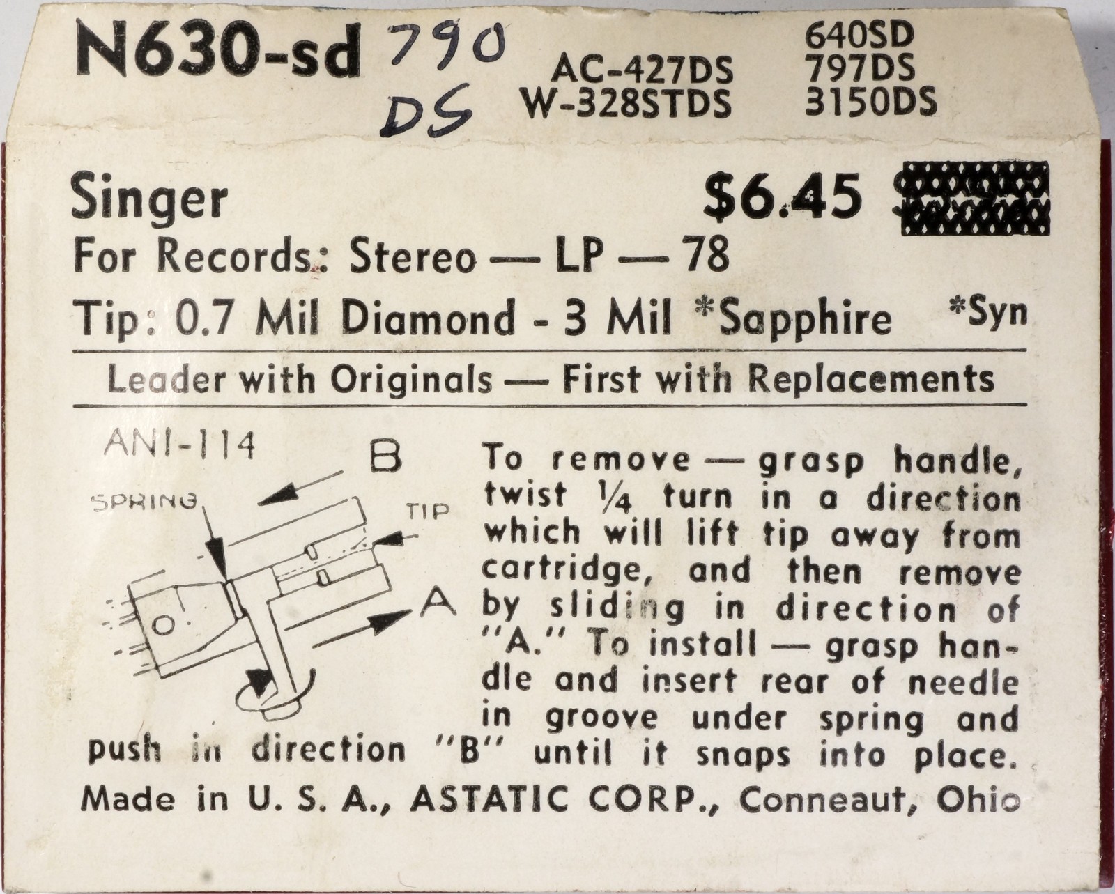 NOS Astatic N630-sd Diamond Needle Singer-KLH jts-3 nl-170s 484001-005 009 010
