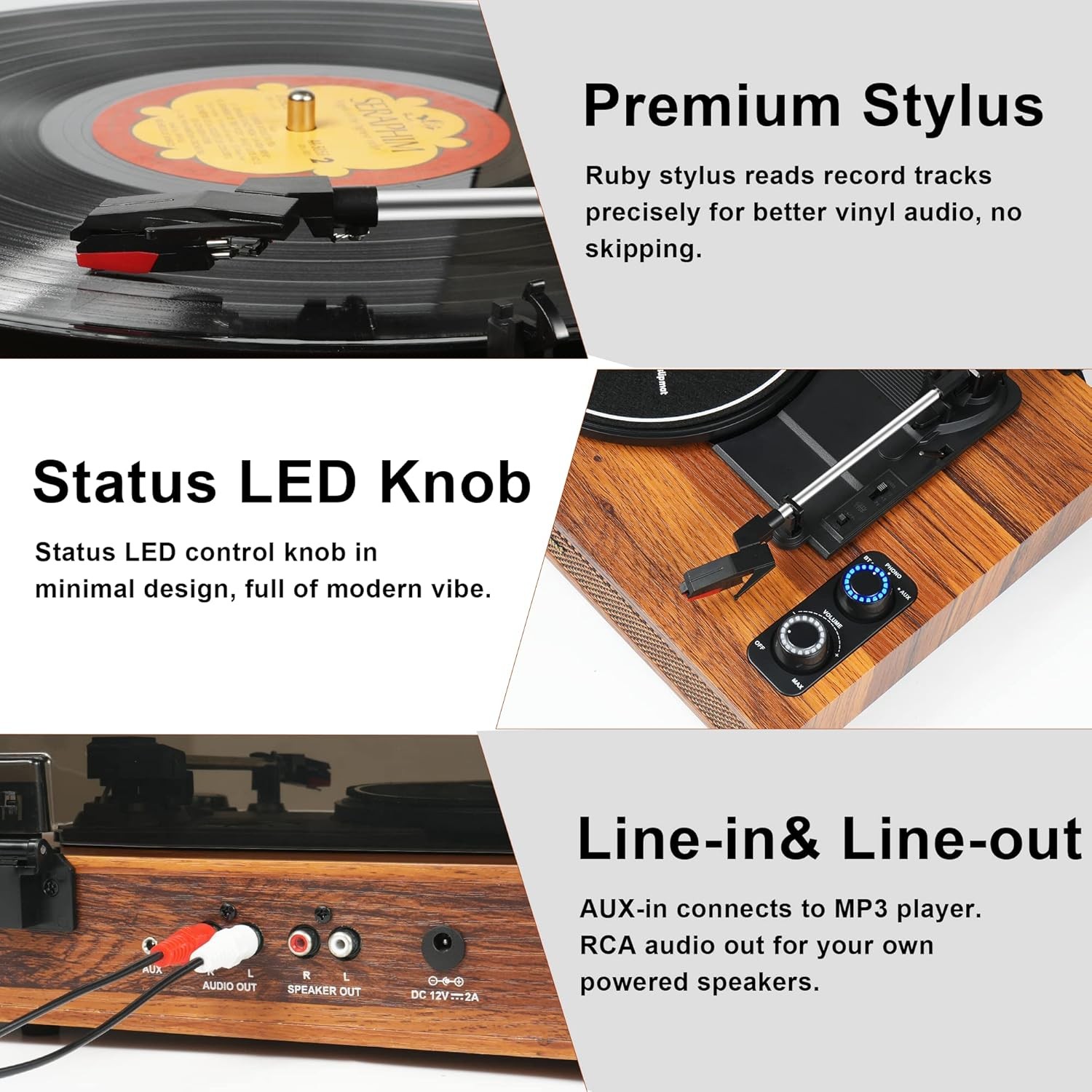 Vinyl Record Player with External Speakers, 3 Speed Bluetooth Light Brown