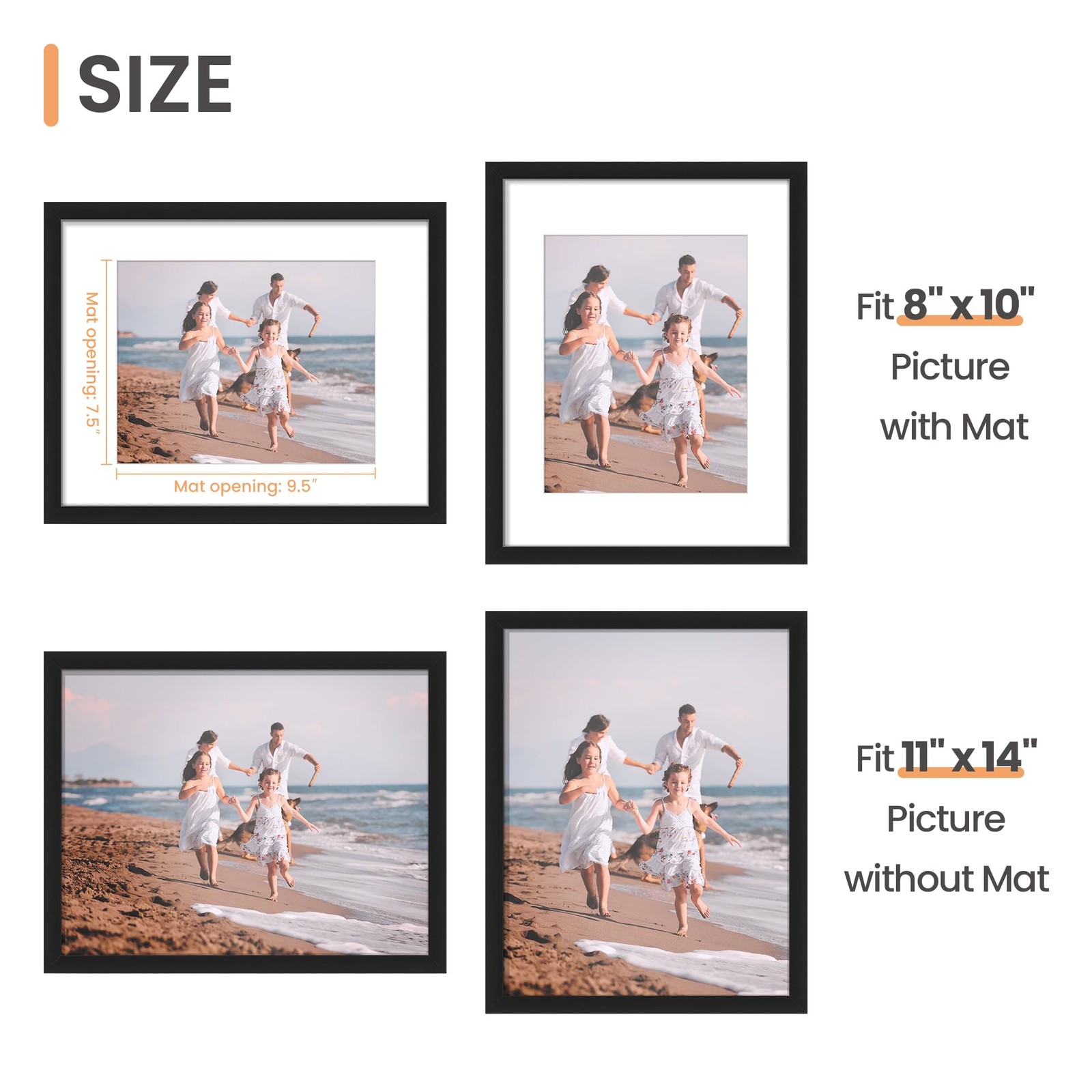 upsimples 11×14 Picture Frame, Display Pictures 8×10 with Mat or 11×14, Black