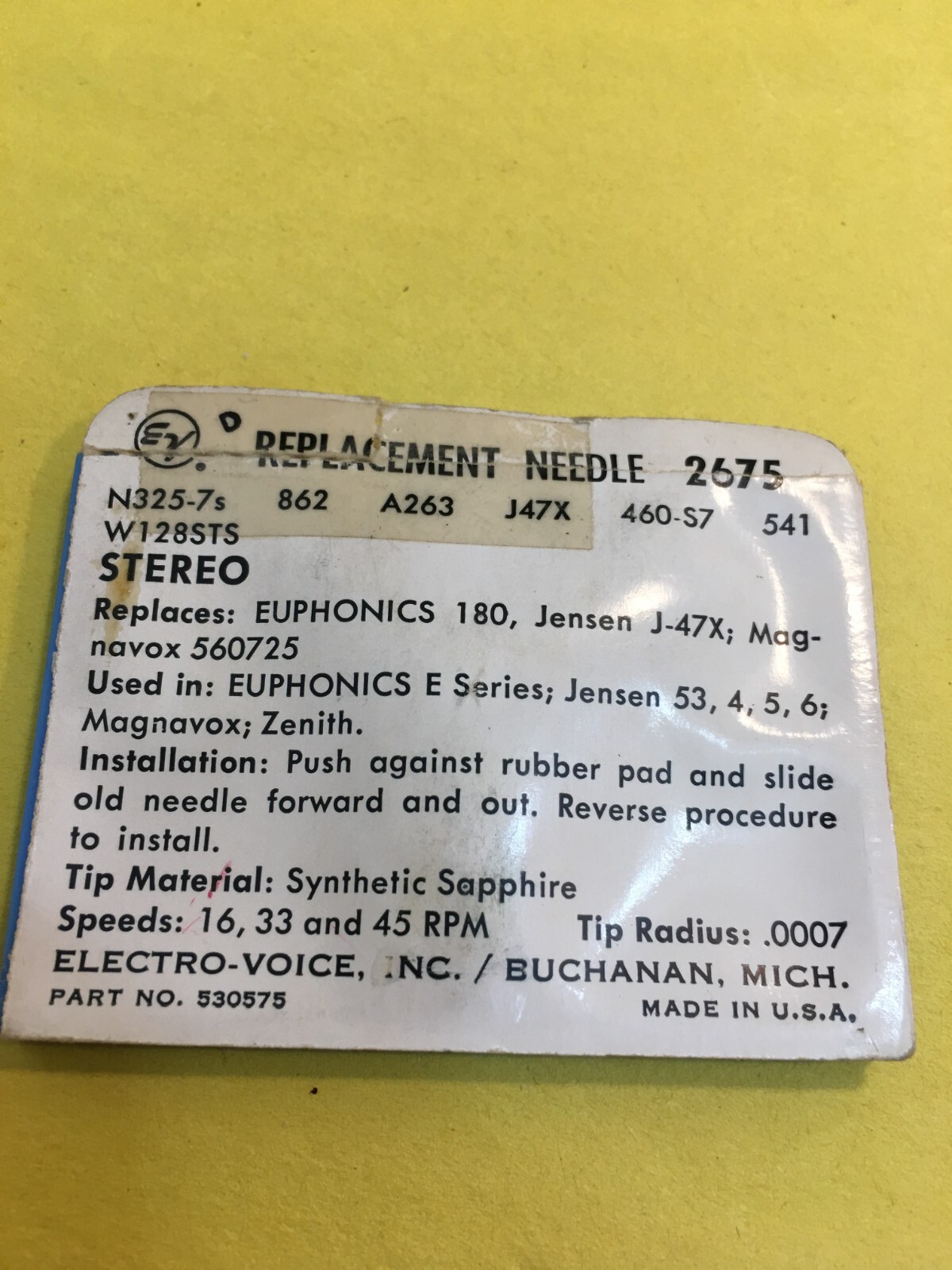 Original NOS Electro Voice Needle 2675 For Euphonics Jensen Magnavox Zenith