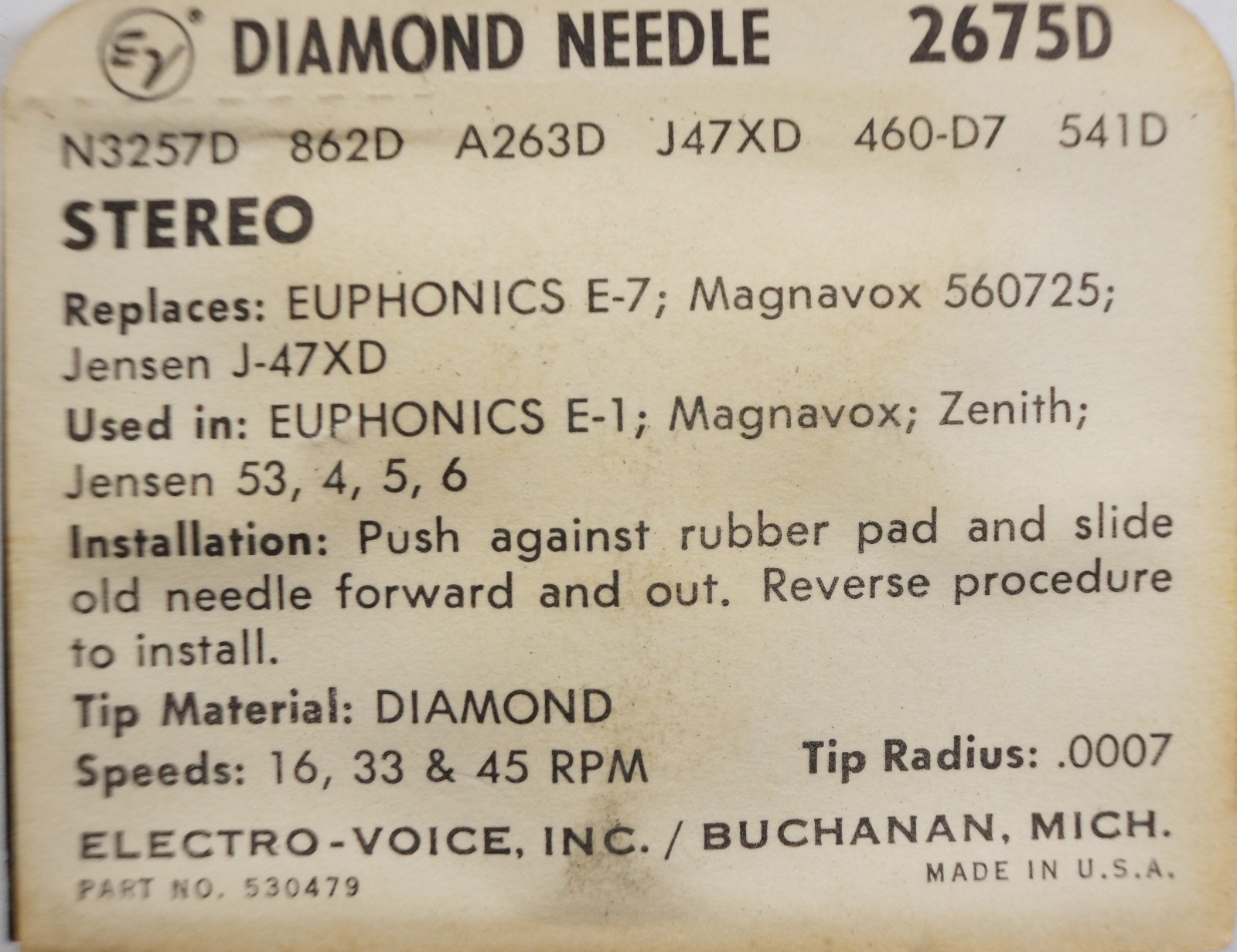 NOS Electro Voice EV 2675D Needle for Euphonics 180 Magnavox 560725 Jensen J-47X