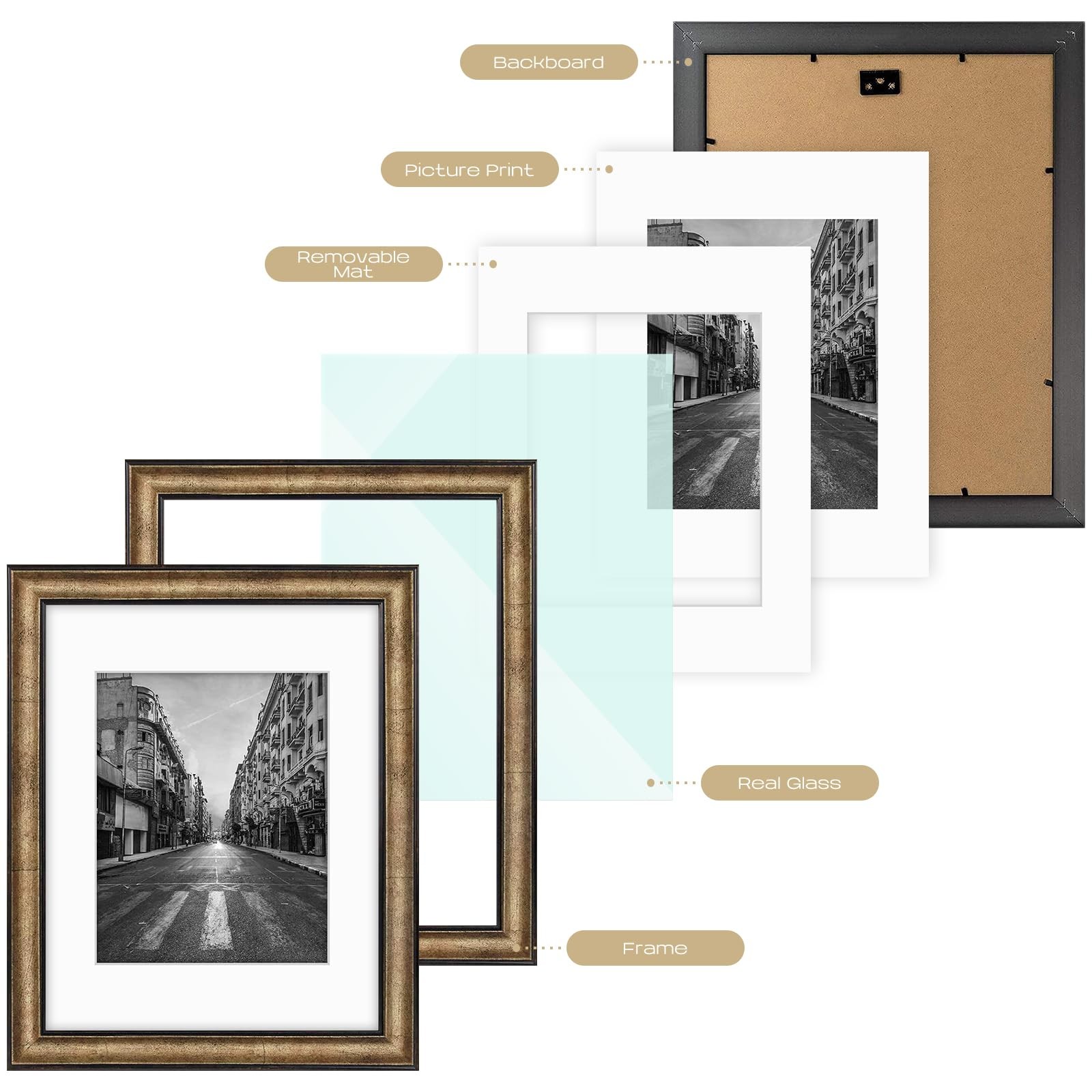 Golden State Art, 11×14 Photo Frame with Mat for 11×14, Dark Gold-Brown