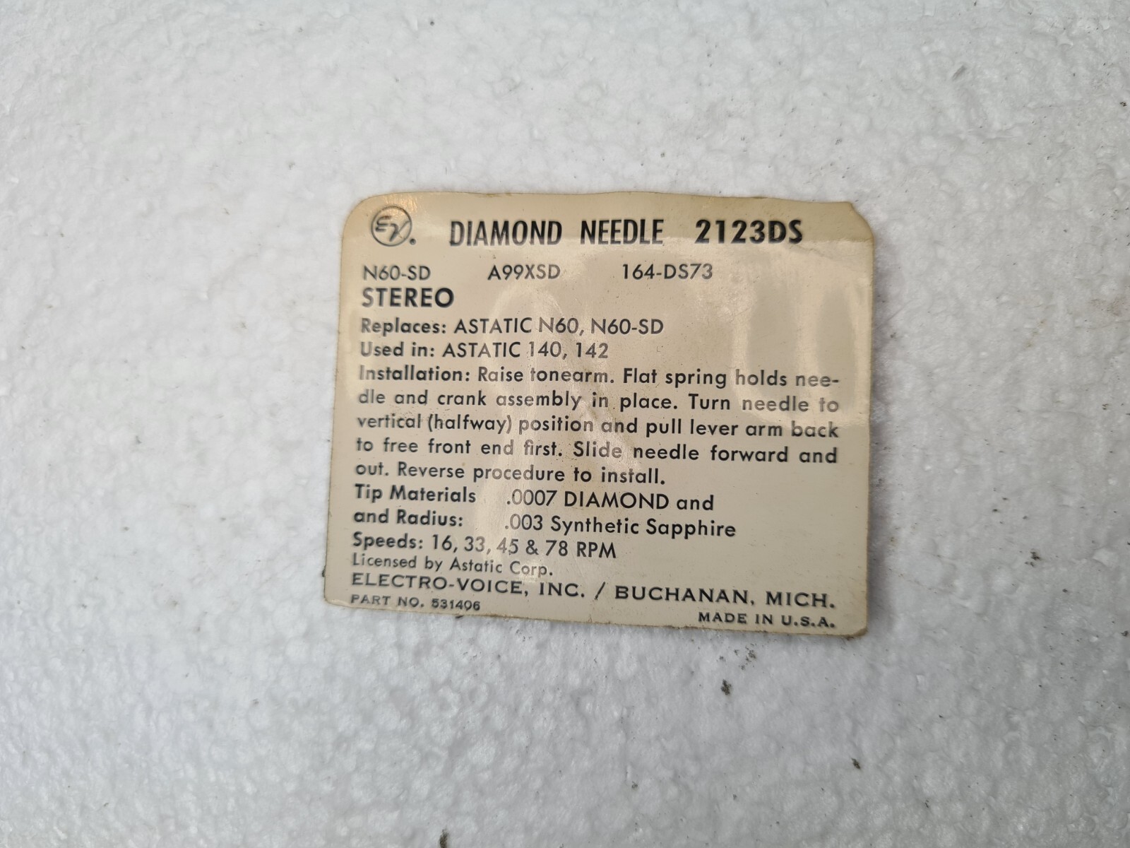 NOS Electro Voice Diamond Needle 2123DS Astatic N60 N60-SD 140 142