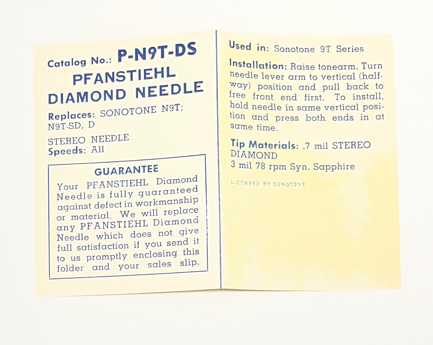 NOS STEREO PHONOGRAPH RECORD PLAYER NEEDLE for SONOTONE N9T, N9T-SD, D. P-N9T-DS