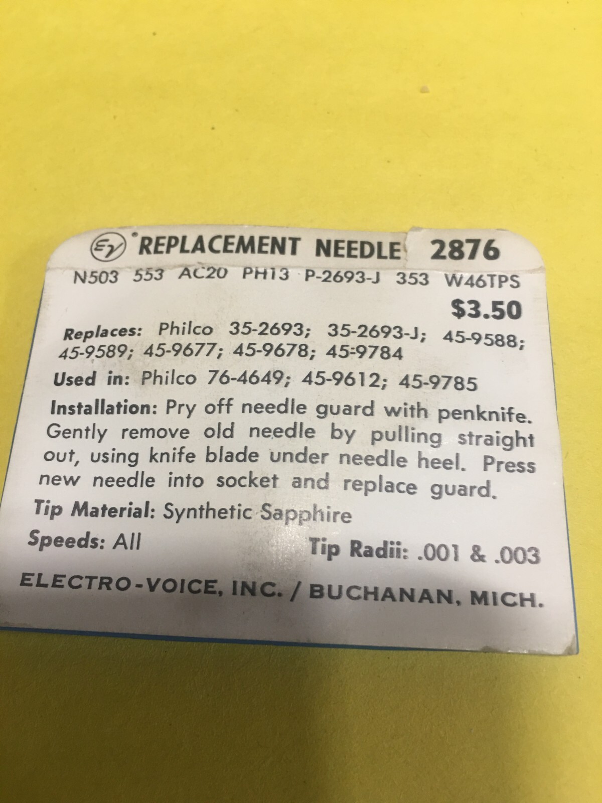 Original NOS Electro Voice Needle Stylus 2876 fits MANY MANY Phillco Philco