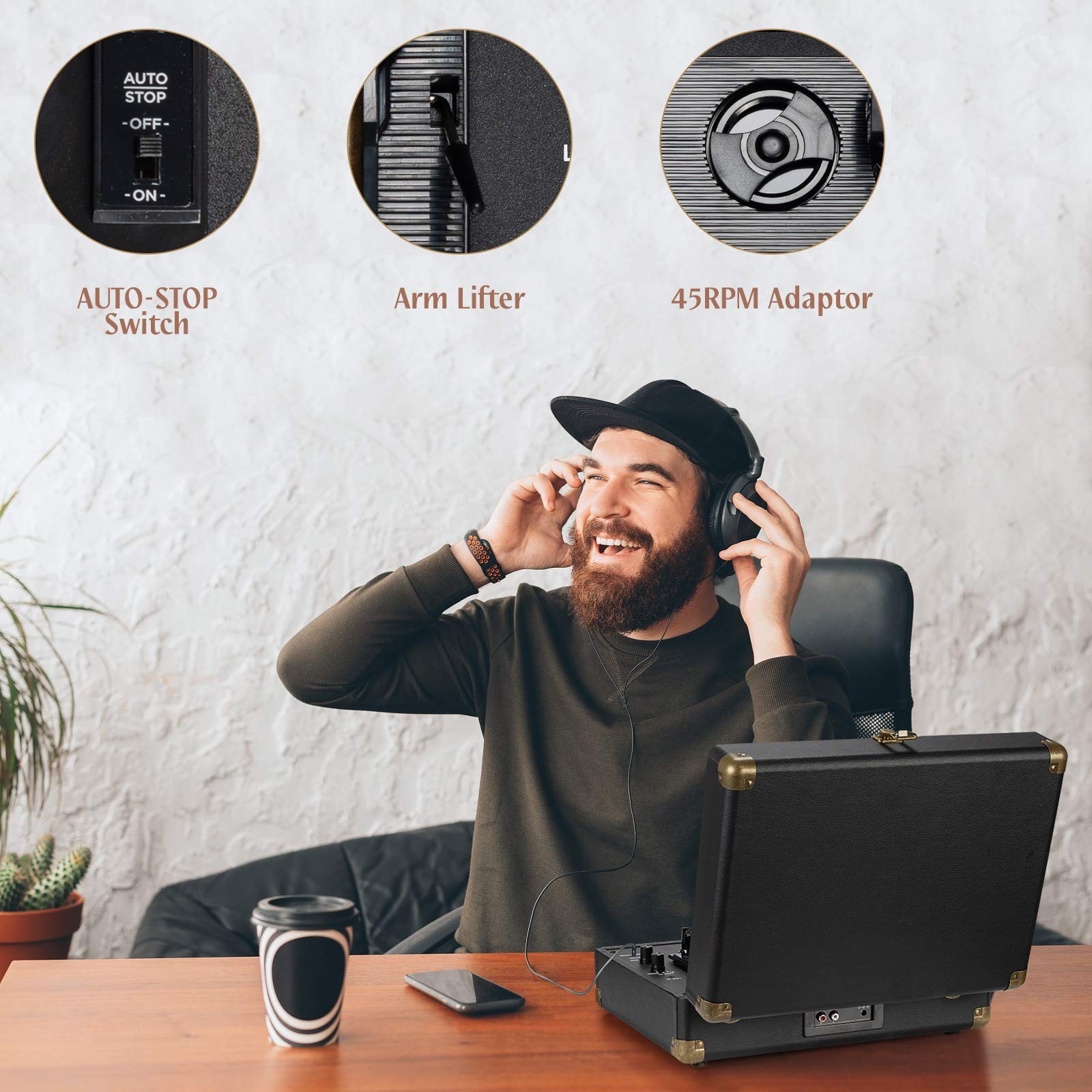 Vinyl Record Player 3-Speed Bluetooth Suitcase Portable Belt-Driven Black
