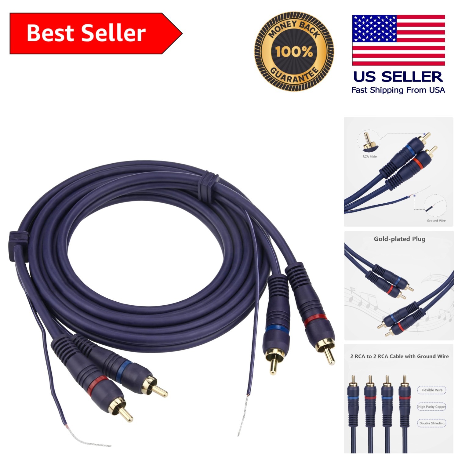 Gold Plated 6ft RCA Cable with Ground Wire for Turntables & Amplifiers