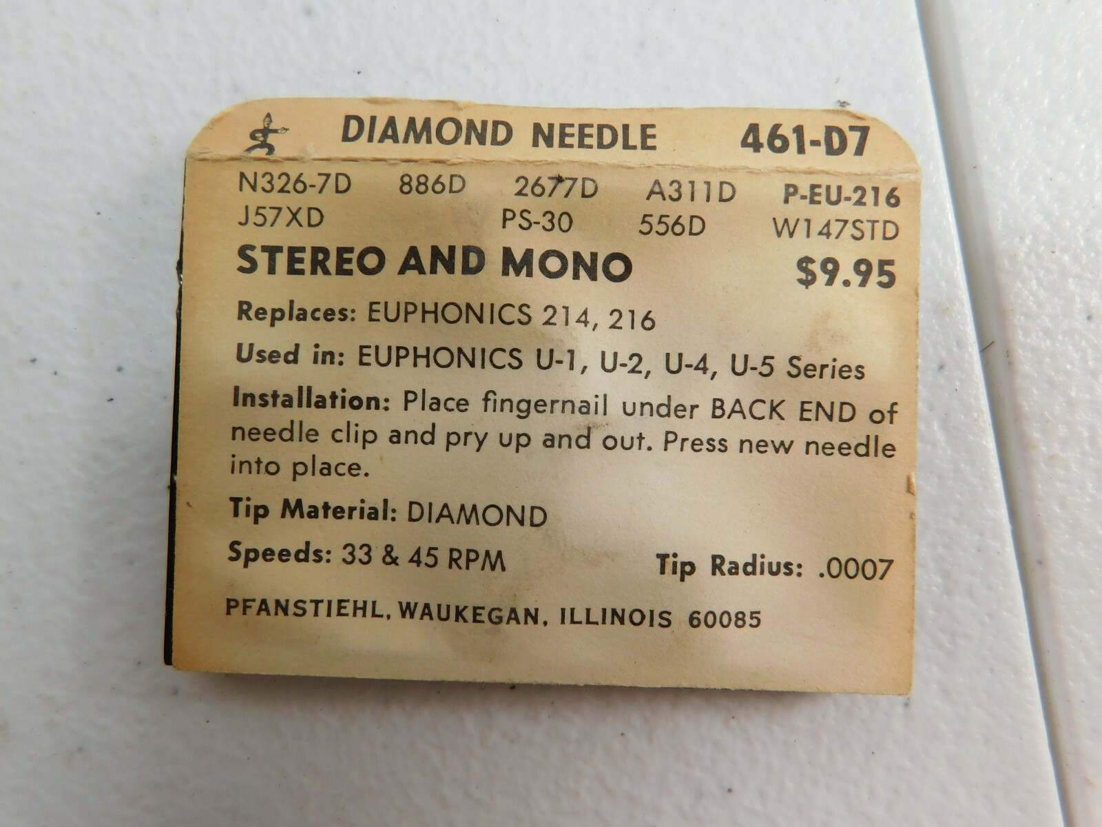 NOS Vintage Pfanstiehl DIAMOND NEEDLE 461-D7 Replaces Euphonics 214 216