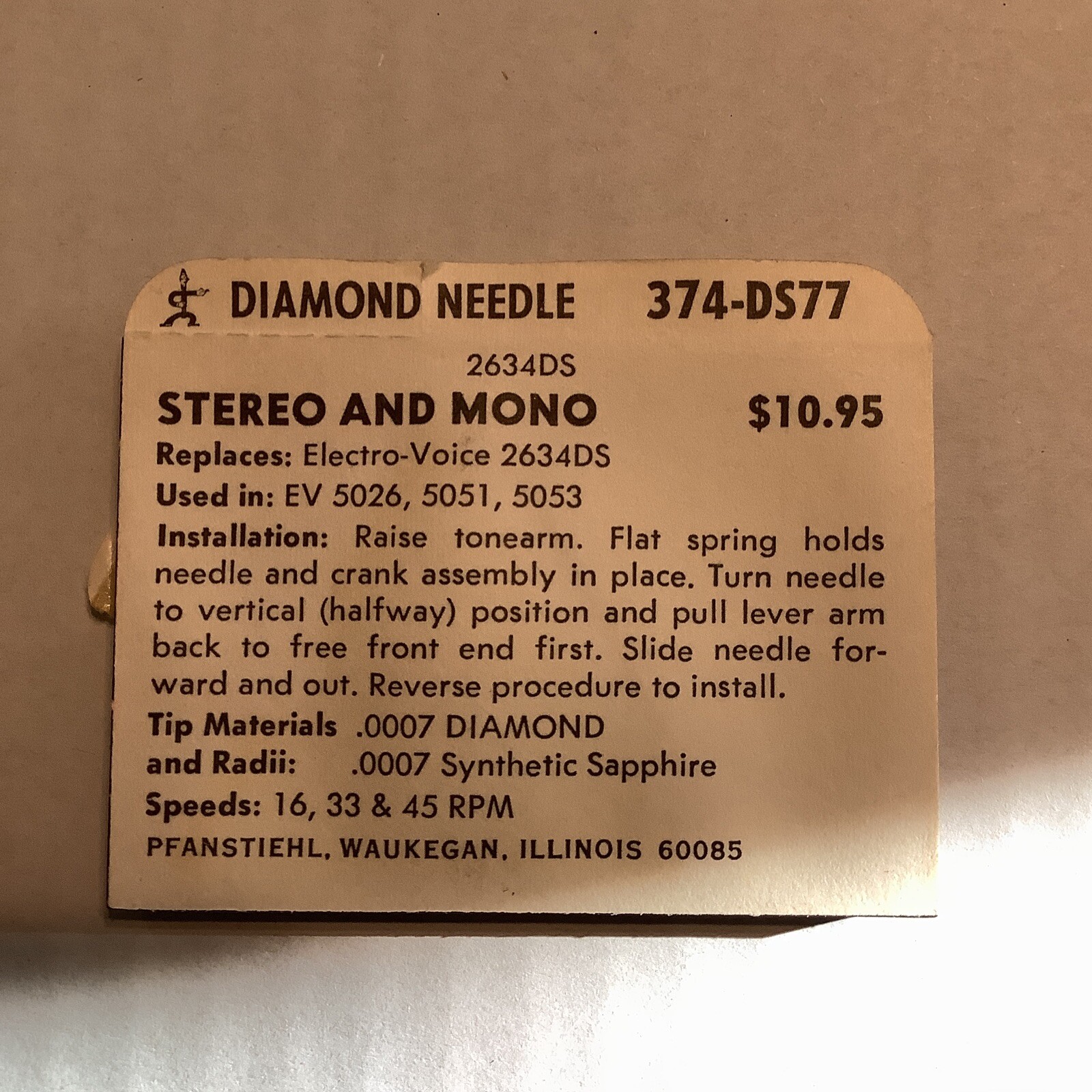 Pfanstiehl Diamond Needle 374-DS77 Electro-Voice 2634DS