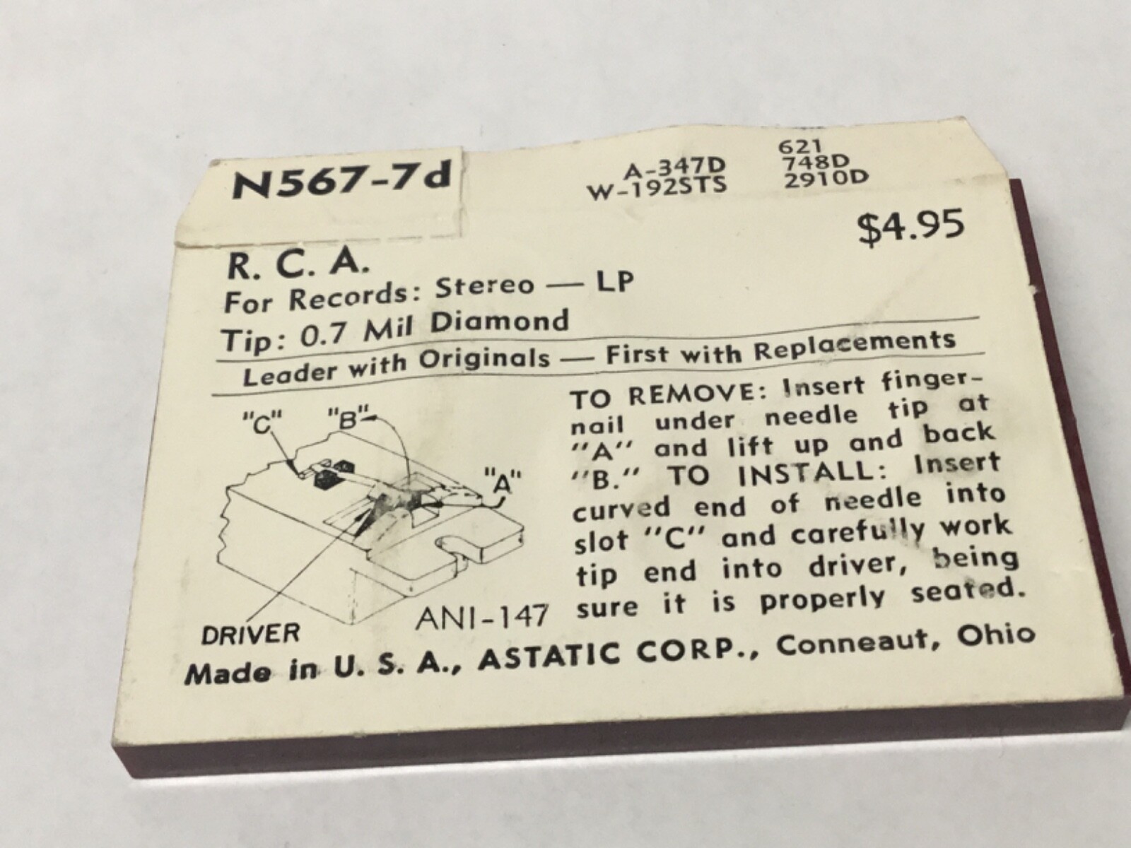Astatic N567-7d RCA A-347D W-192STS 621 748D 2910D White Diamond Stylus needle